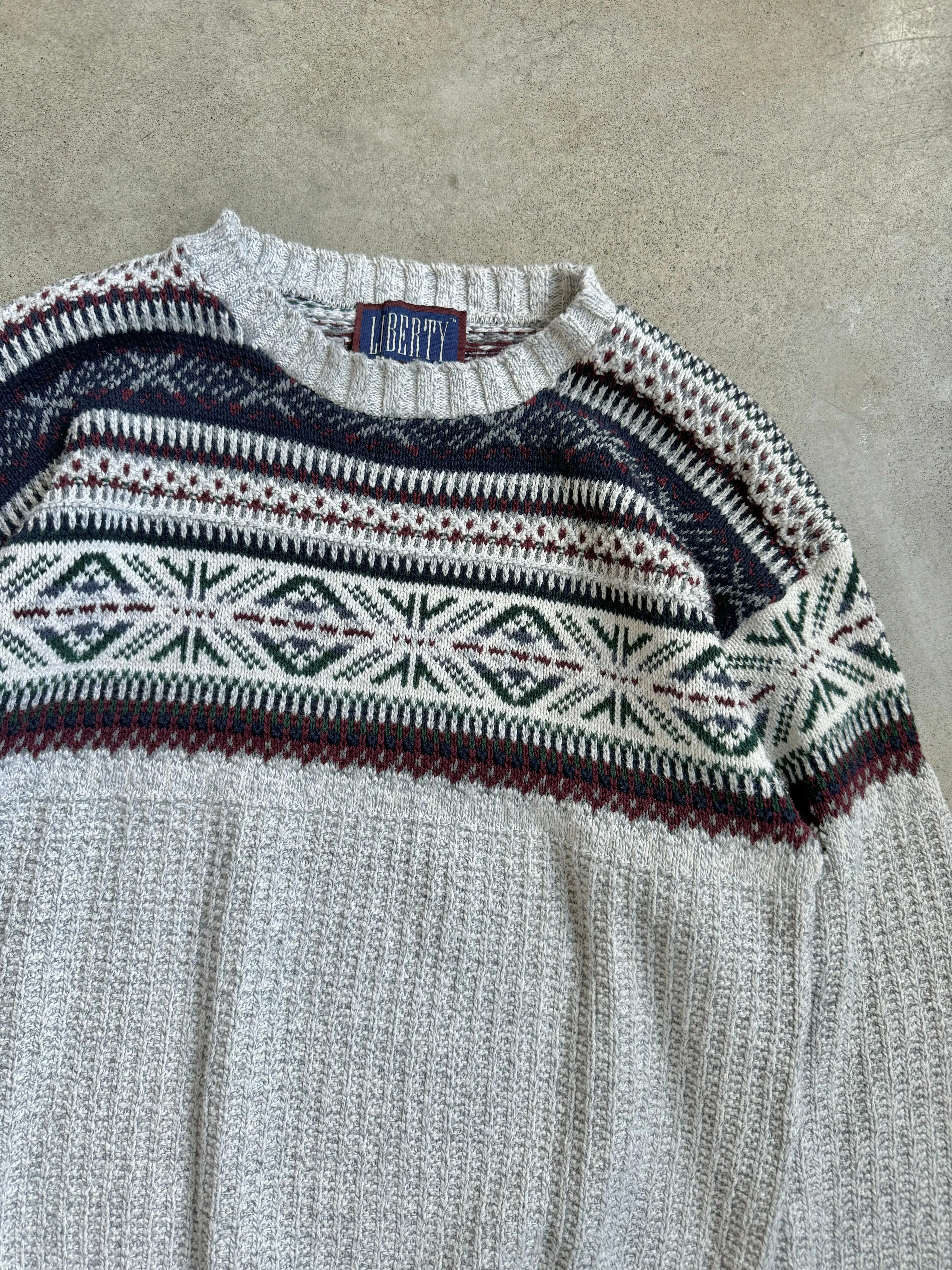 90s Vintage Patterned Cotton Knit Crewneck Sweater (L)