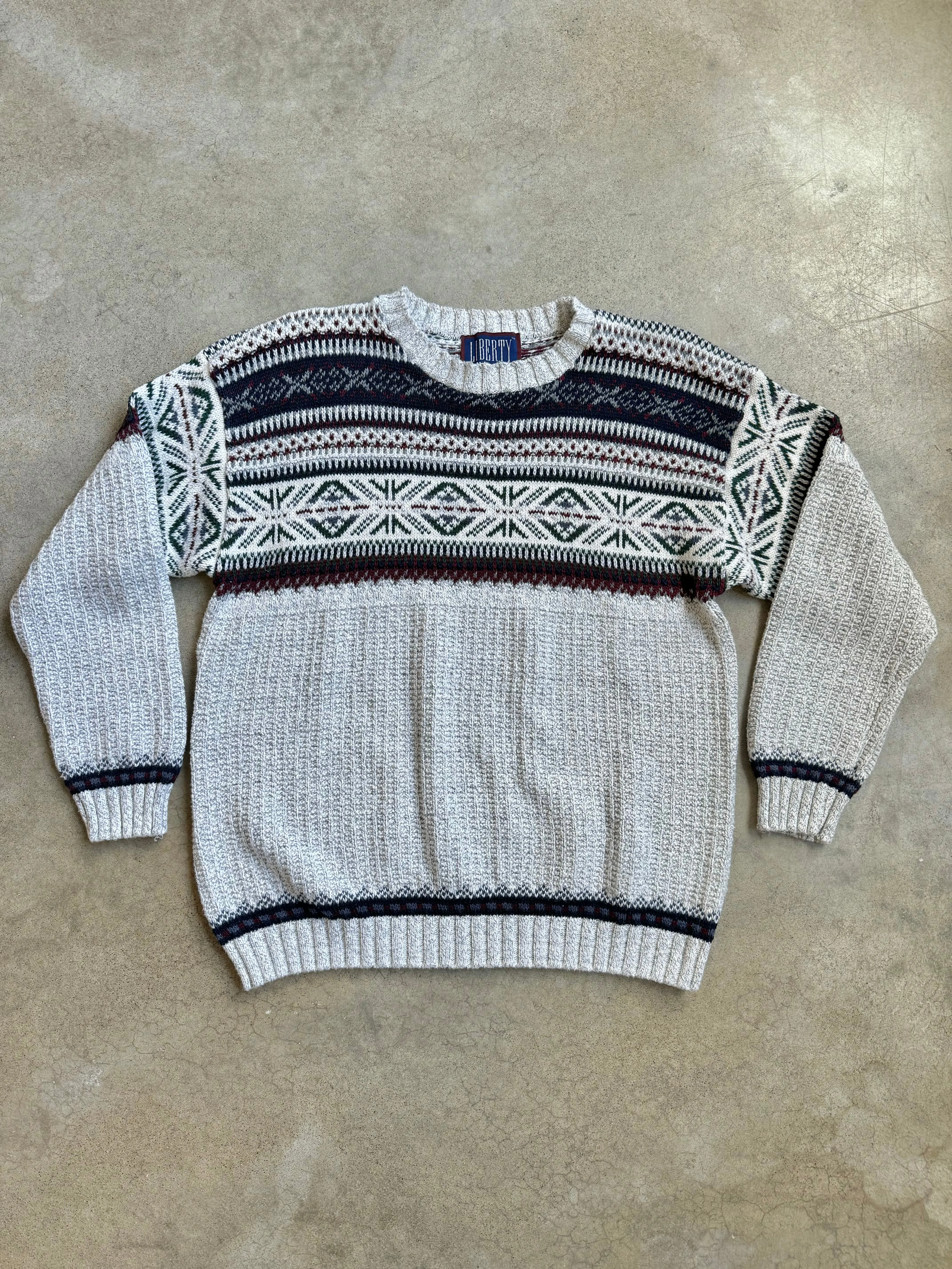 90s Vintage Patterned Cotton Knit Crewneck Sweater (L)