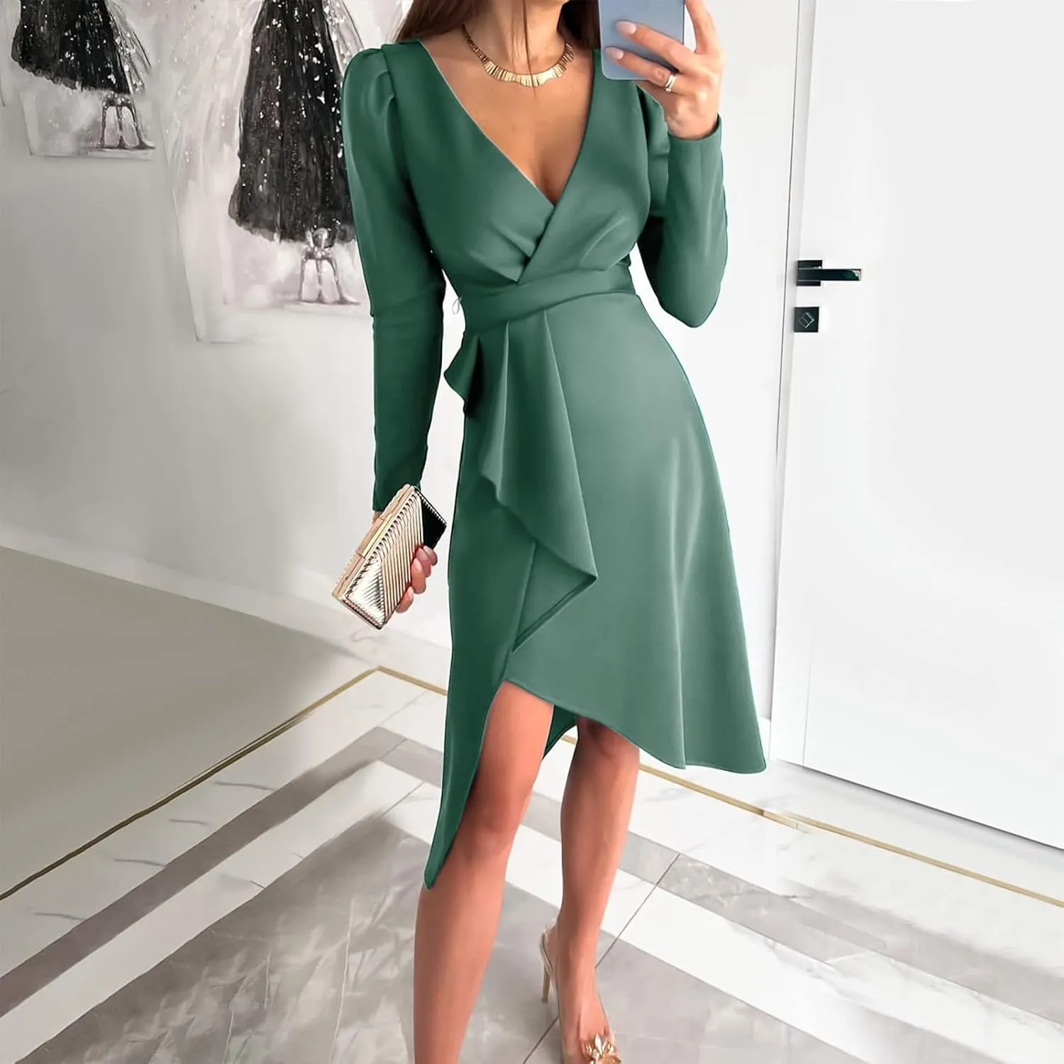 Business Casual Dress for Women Casual Long Sleeve Sexy Deep V Neck Midi Dress Fashion Solid Elegant Wrap Dress