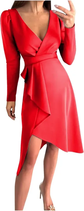 Business Casual Dress for Women Casual Long Sleeve Sexy Deep V Neck Midi Dress Fashion Solid Elegant Wrap Dress