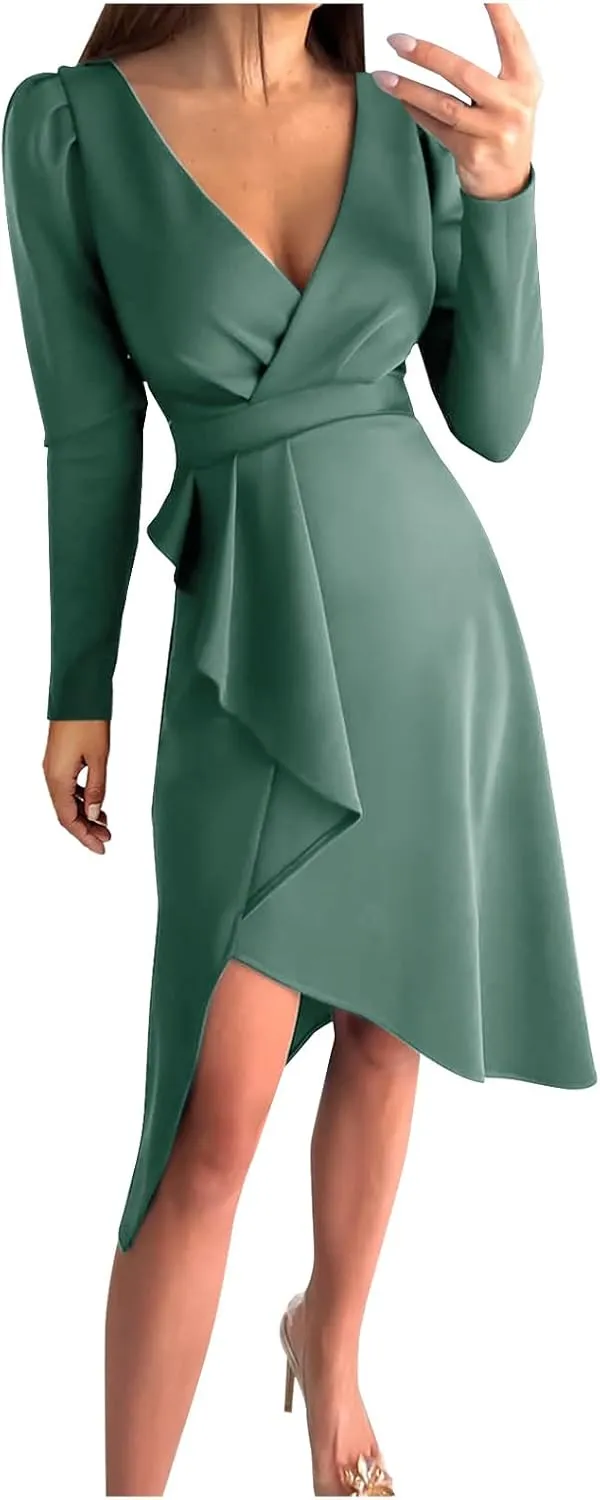 Business Casual Dress for Women Casual Long Sleeve Sexy Deep V Neck Midi Dress Fashion Solid Elegant Wrap Dress