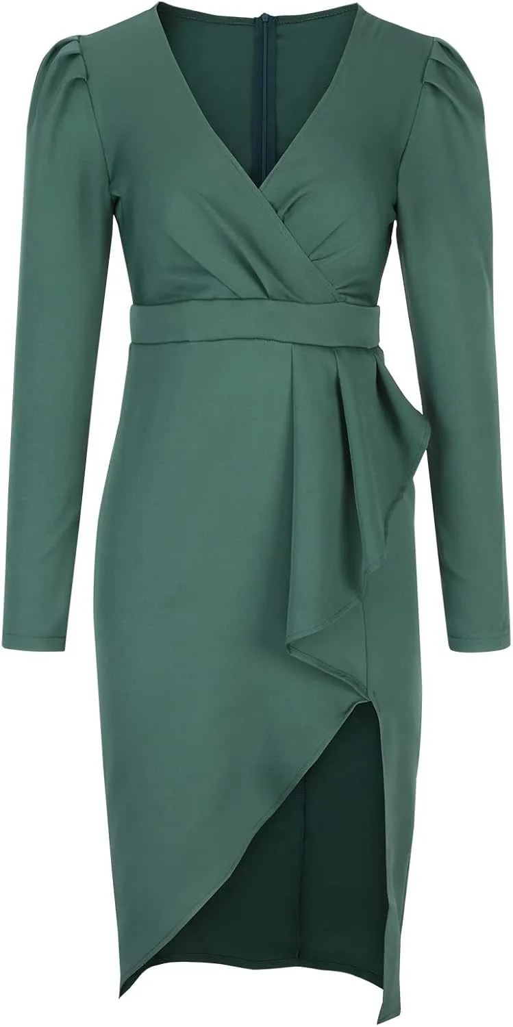 Business Casual Dress for Women Casual Long Sleeve Sexy Deep V Neck Midi Dress Fashion Solid Elegant Wrap Dress