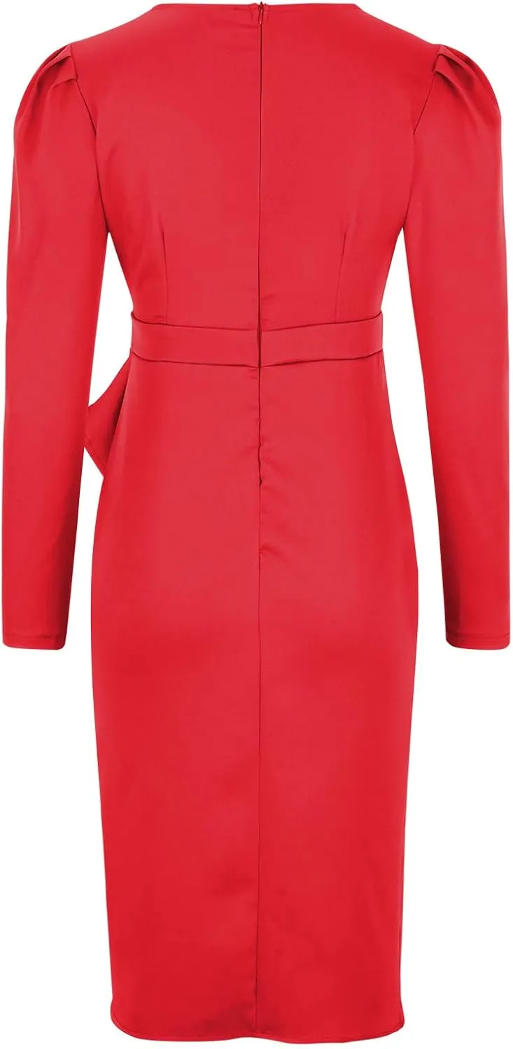 Business Casual Dress for Women Casual Long Sleeve Sexy Deep V Neck Midi Dress Fashion Solid Elegant Wrap Dress