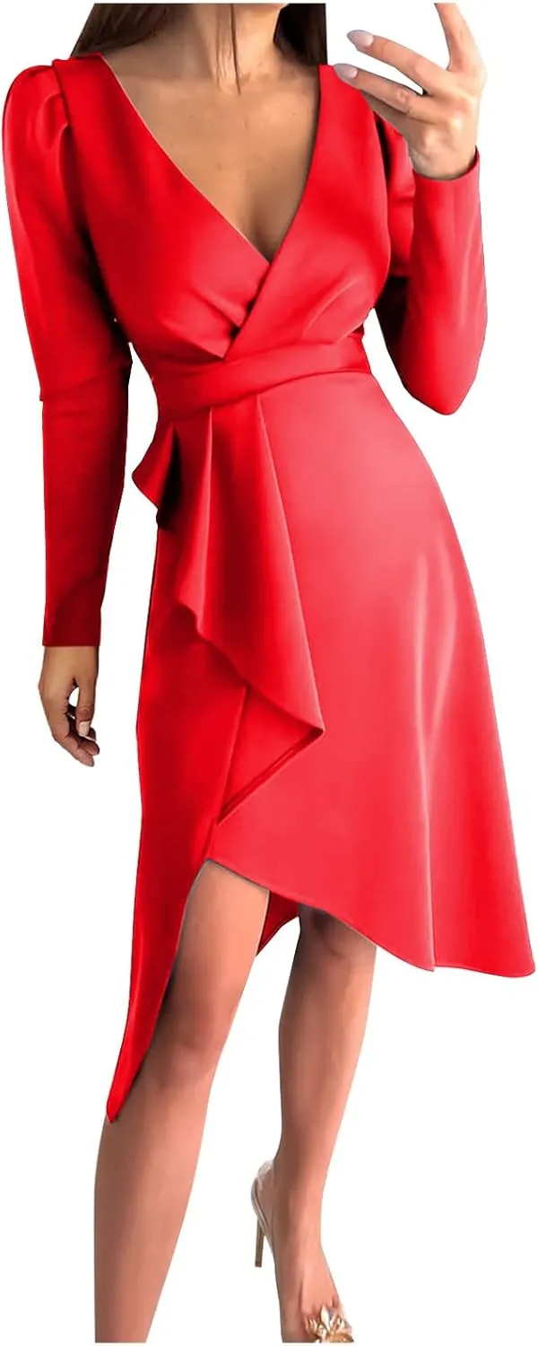 Business Casual Dress for Women Casual Long Sleeve Sexy Deep V Neck Midi Dress Fashion Solid Elegant Wrap Dress