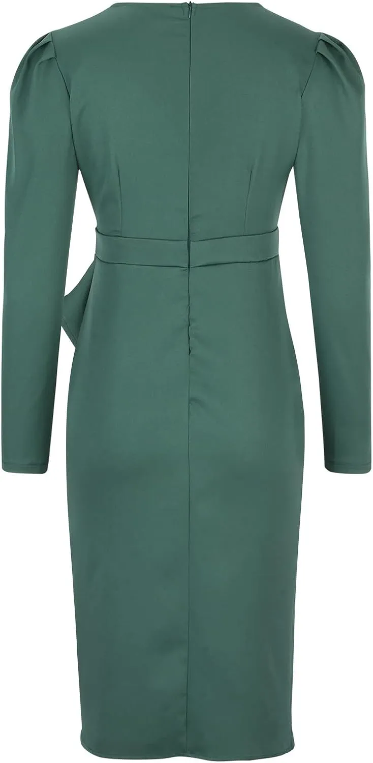 Business Casual Dress for Women Casual Long Sleeve Sexy Deep V Neck Midi Dress Fashion Solid Elegant Wrap Dress