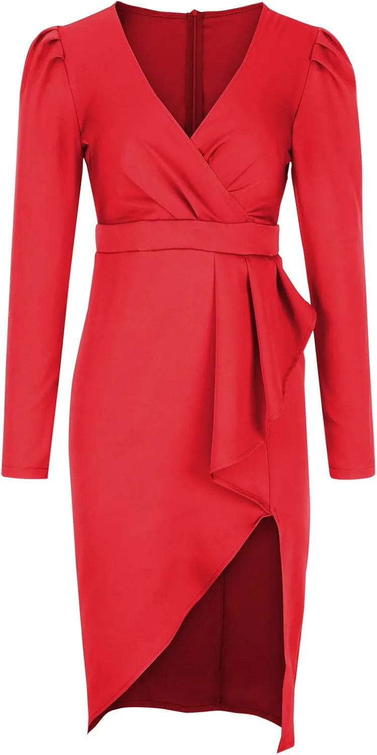 Business Casual Dress for Women Casual Long Sleeve Sexy Deep V Neck Midi Dress Fashion Solid Elegant Wrap Dress