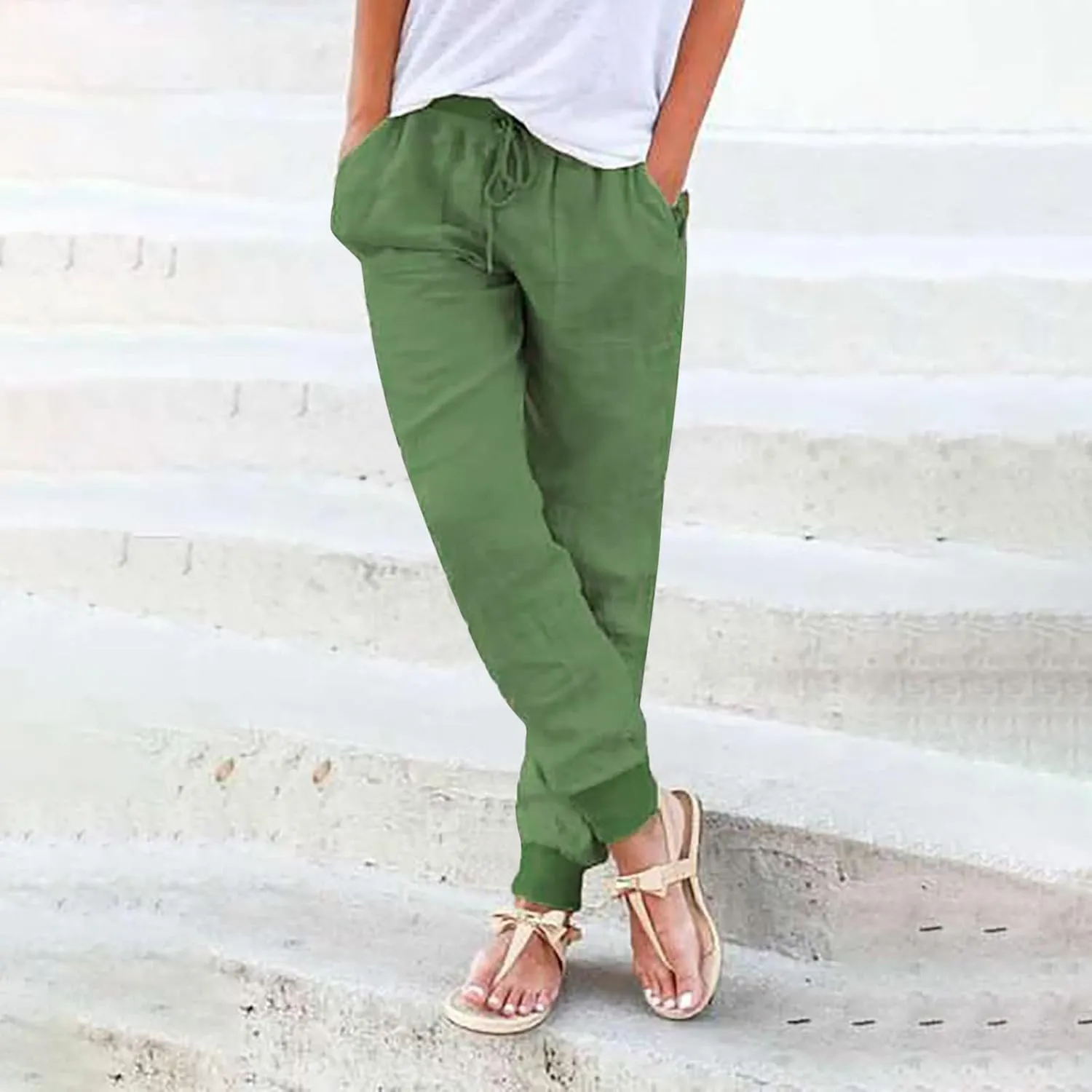 Casual Pants For Women Linen Elastic Waist Trousers Summer Baggy Straight Leg Comfort Tapered Pants with Pockets