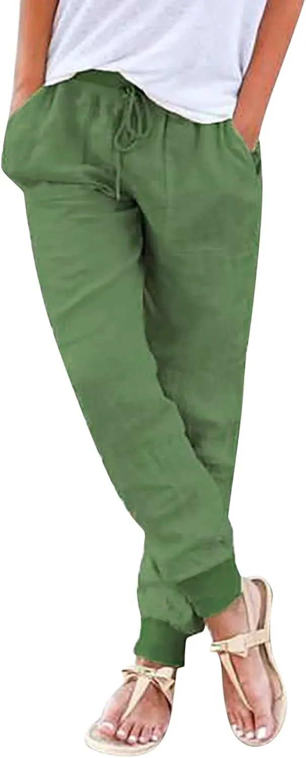 Casual Pants For Women Linen Elastic Waist Trousers Summer Baggy Straight Leg Comfort Tapered Pants with Pockets
