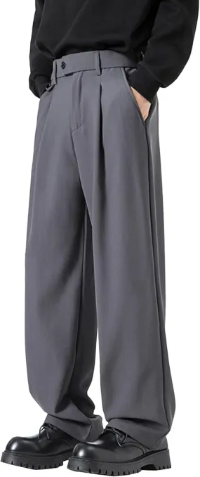 DGHM-JLMY Men's Pleated High Waist Straight Leg Pants Loose Fit Casual Pants Loose Wide Leg Suit Pant Trousers