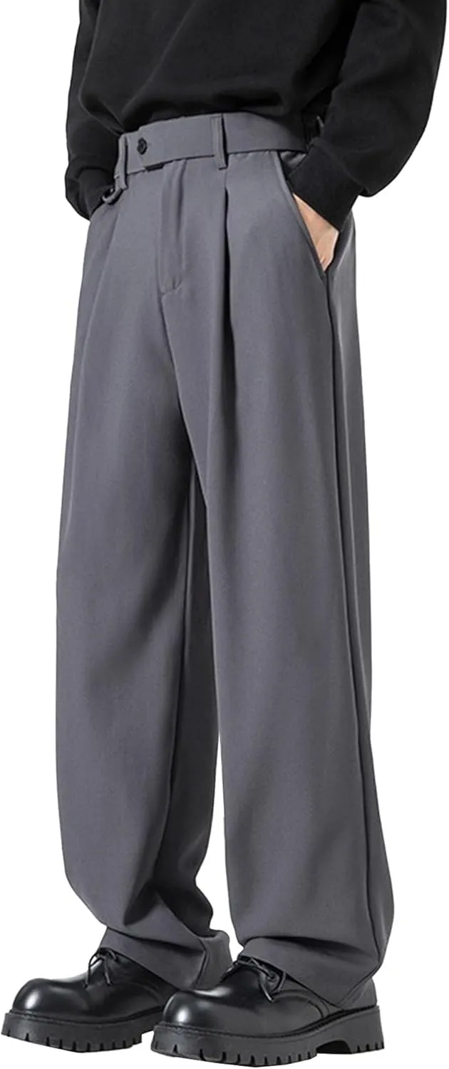DGHM-JLMY Men's Pleated High Waist Straight Leg Pants Loose Fit Casual Pants Loose Wide Leg Suit Pant Trousers