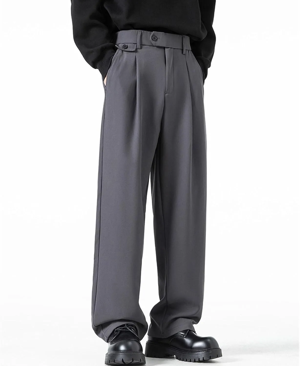 DGHM-JLMY Men's Pleated High Waist Straight Leg Pants Loose Fit Casual Pants Loose Wide Leg Suit Pant Trousers