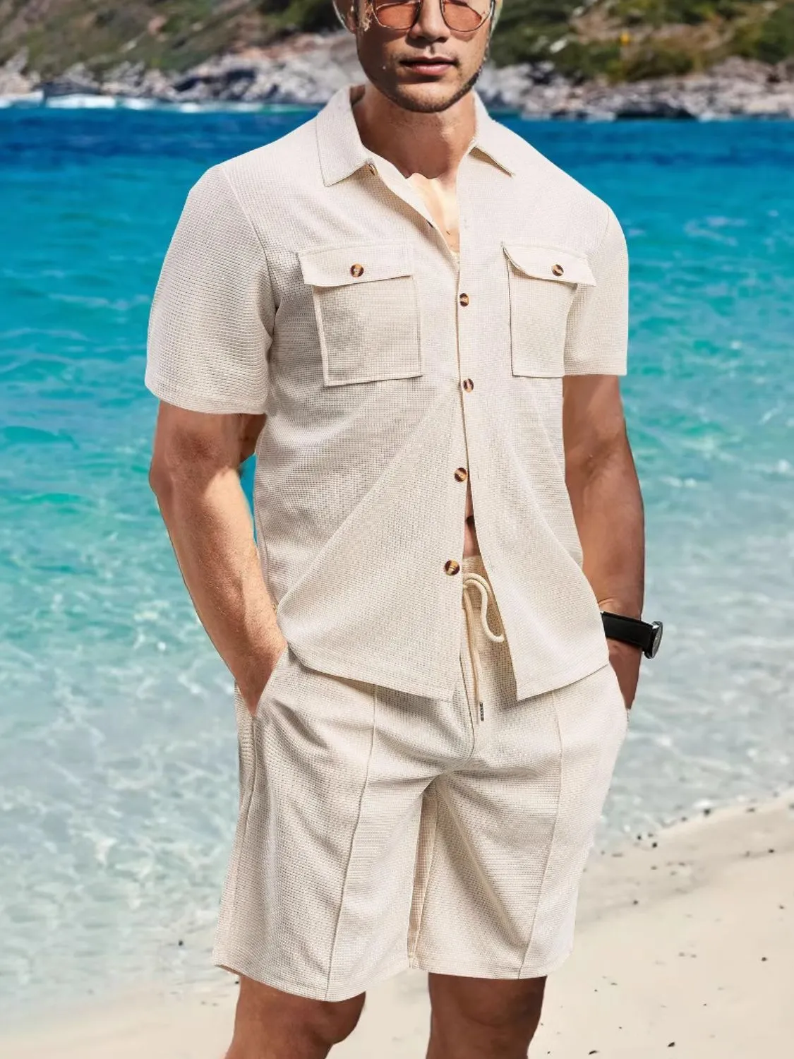 Front Pocket Top and Breathable Casual Shorts Set