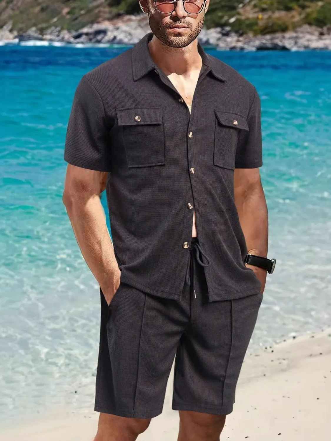 Front Pocket Top and Breathable Casual Shorts Set