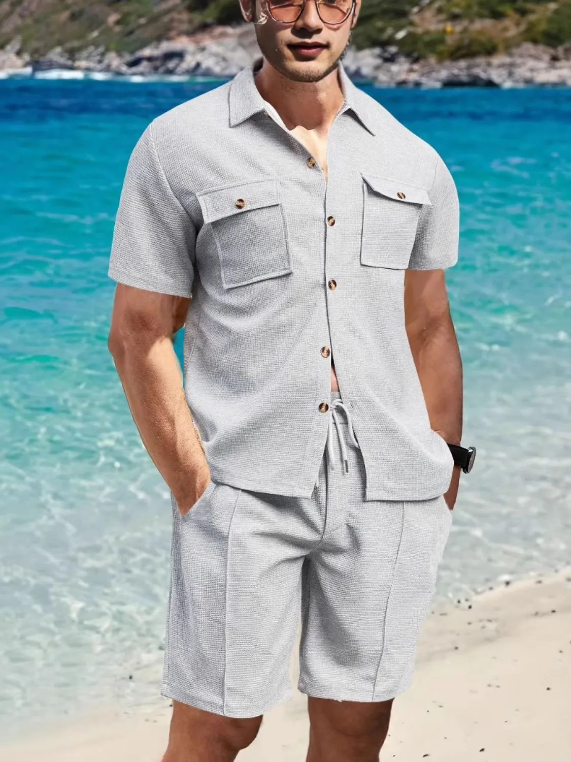 Front Pocket Top and Breathable Casual Shorts Set