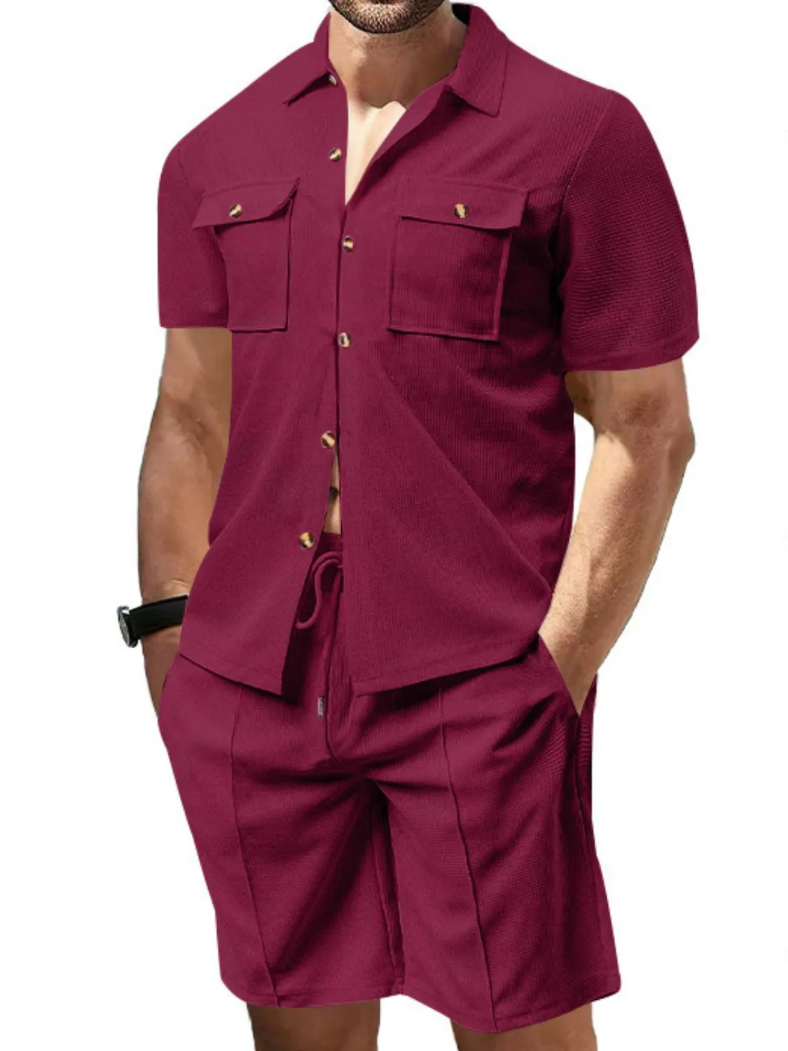 Front Pocket Top and Breathable Casual Shorts Set