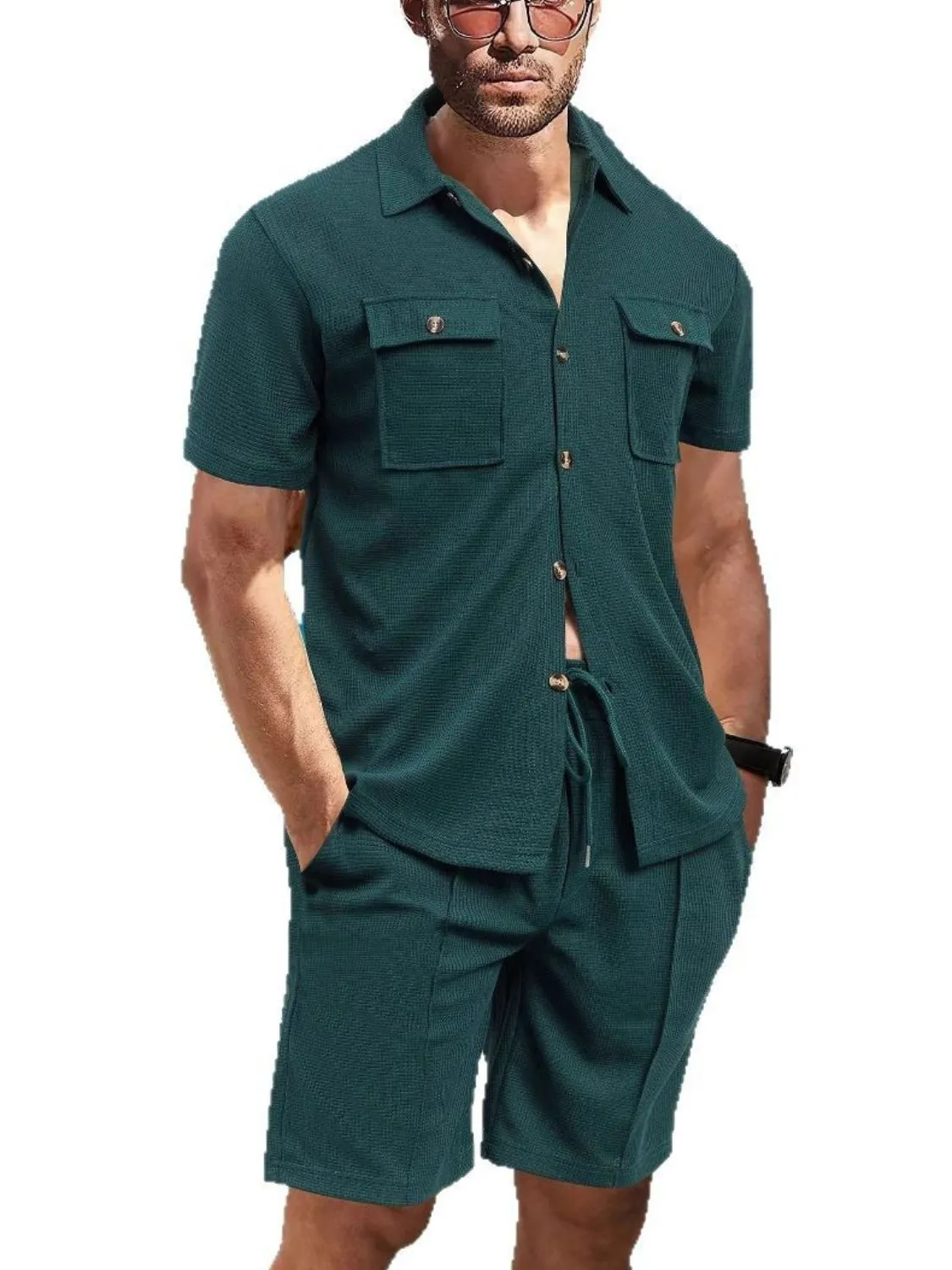 Front Pocket Top and Breathable Casual Shorts Set