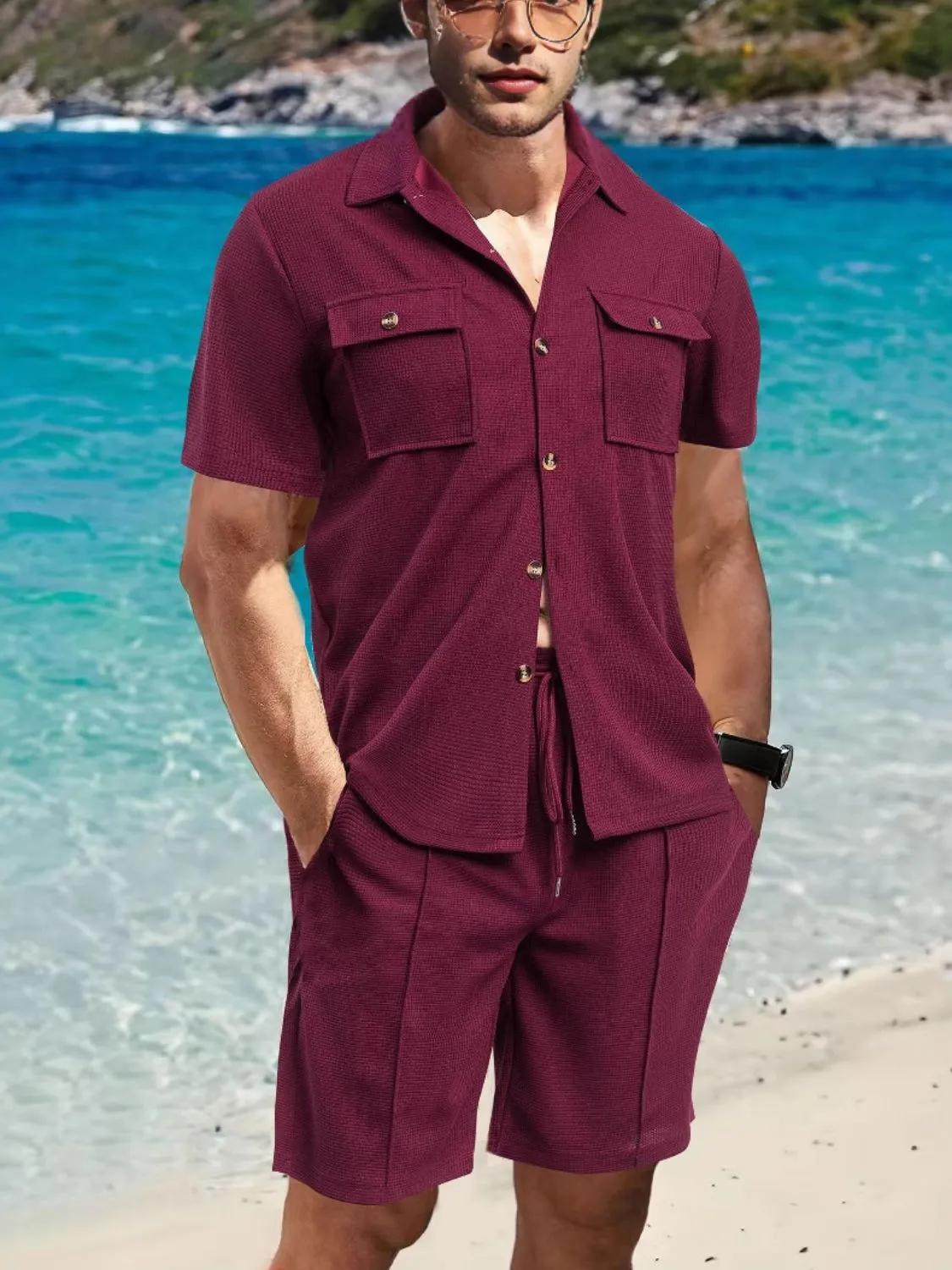 Front Pocket Top and Breathable Casual Shorts Set