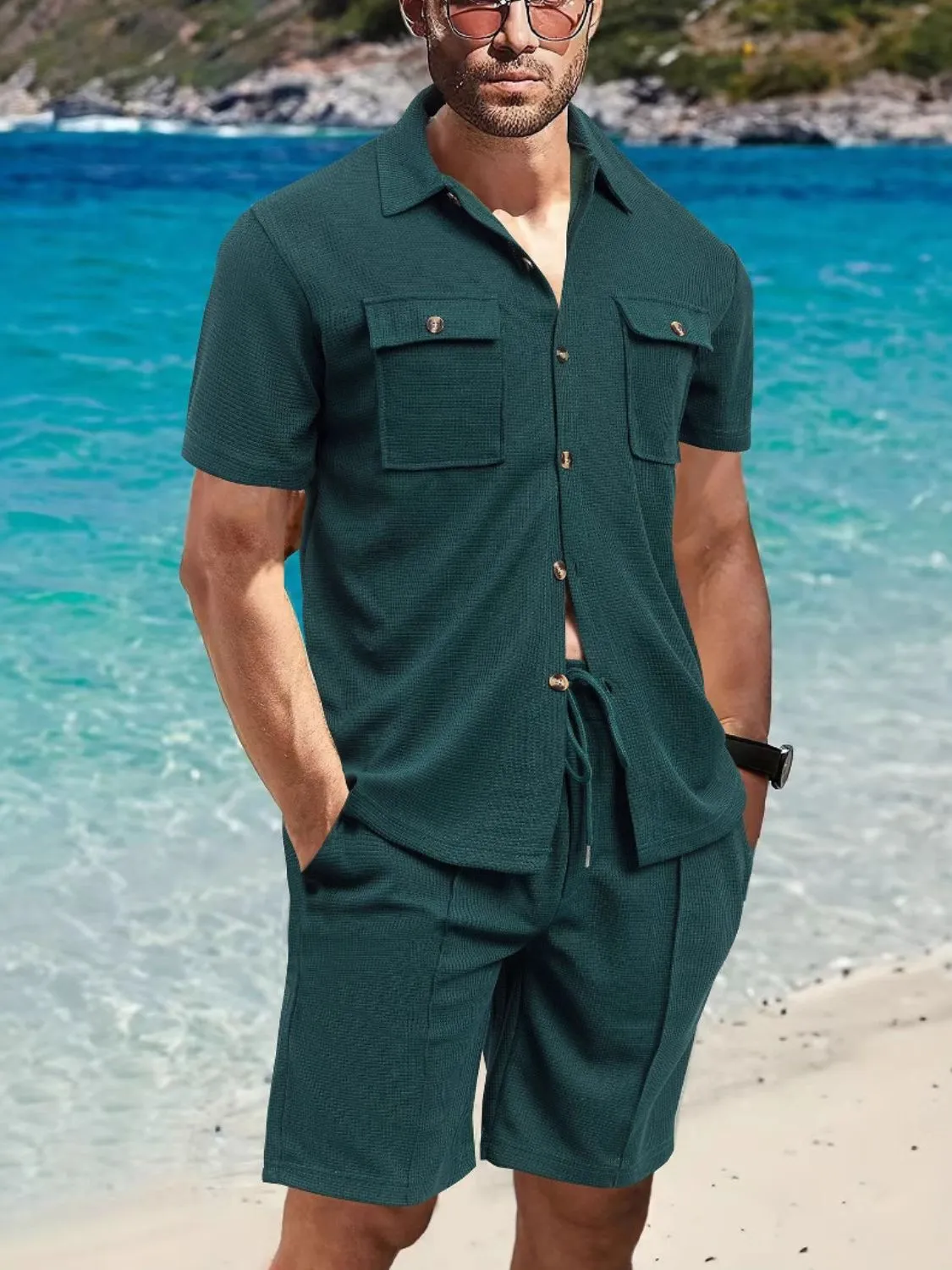 Front Pocket Top and Breathable Casual Shorts Set