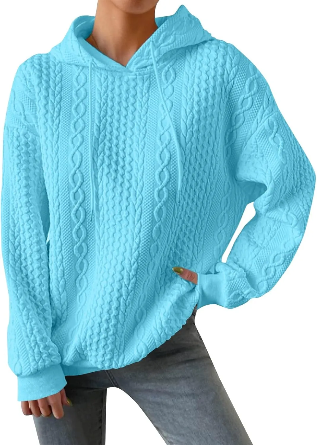 Hoodie Sweaters for Women Cable Knit Slouchy Long Sleeve Oversized Sweatshirt Cozy Chunky Y2K Hoodie Drawstring Pullover Tops