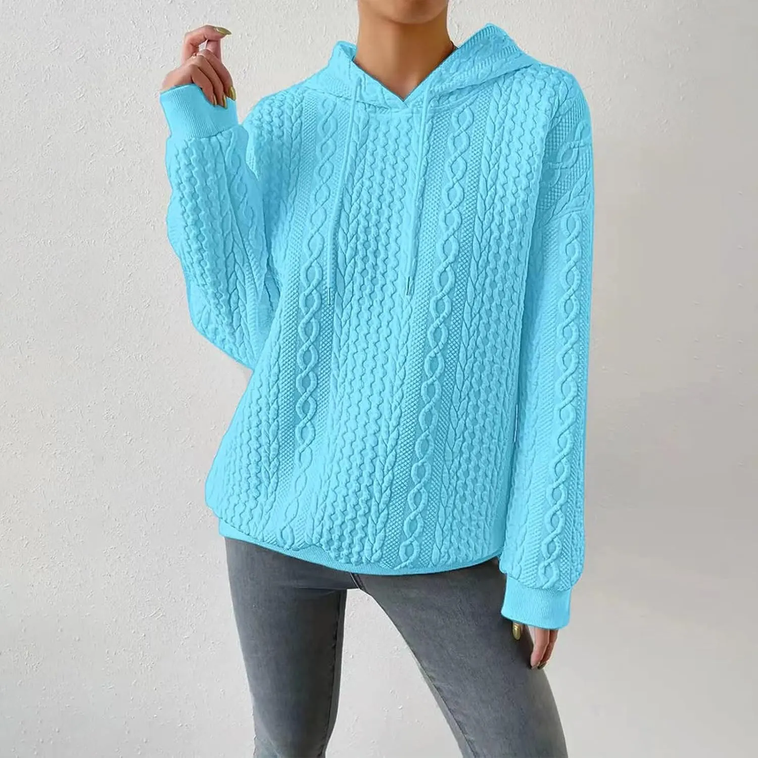 Hoodie Sweaters for Women Cable Knit Slouchy Long Sleeve Oversized Sweatshirt Cozy Chunky Y2K Hoodie Drawstring Pullover Tops