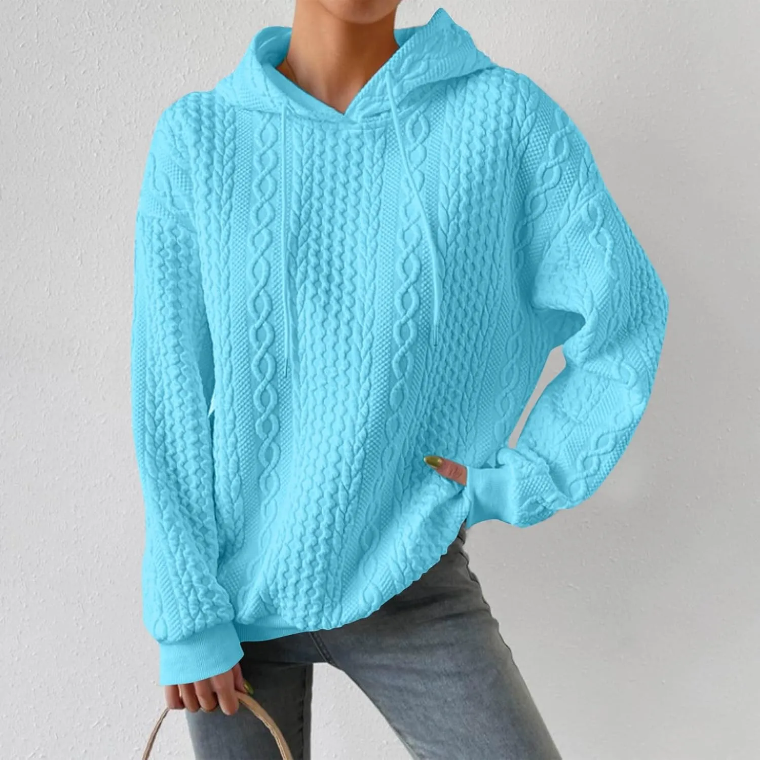 Hoodie Sweaters for Women Cable Knit Slouchy Long Sleeve Oversized Sweatshirt Cozy Chunky Y2K Hoodie Drawstring Pullover Tops