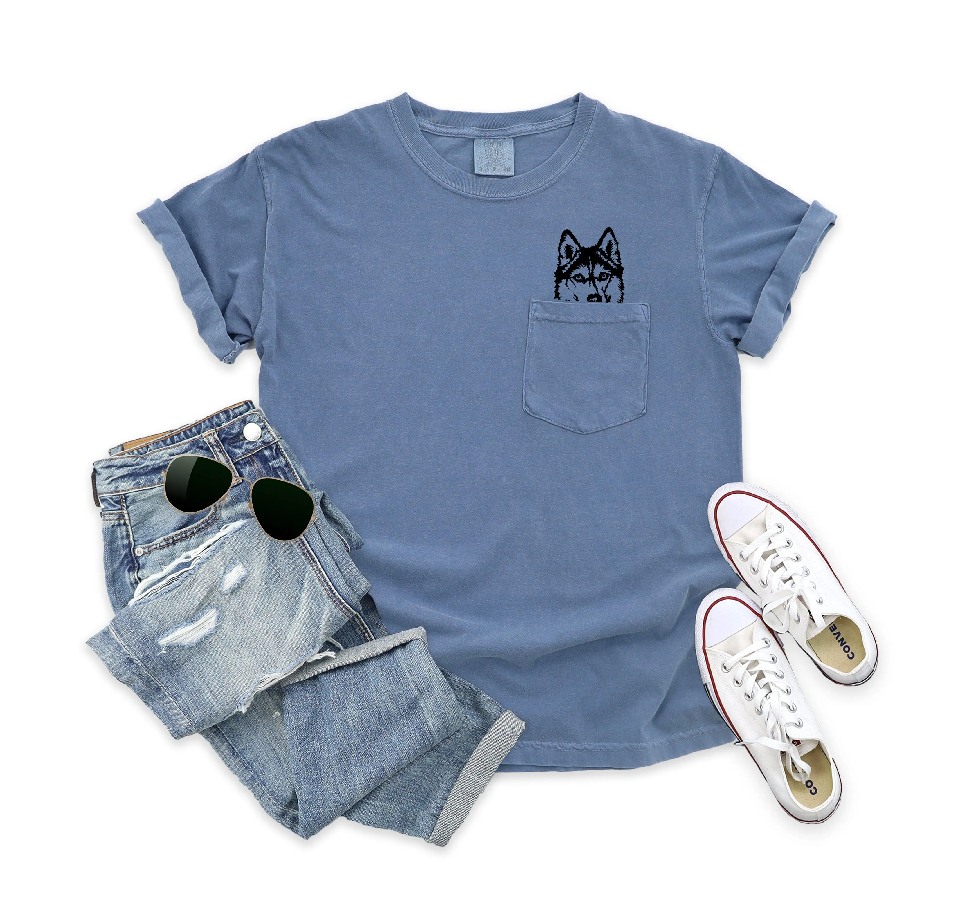 Husky Dog Mom Comfort Colors Pocket T Shirt