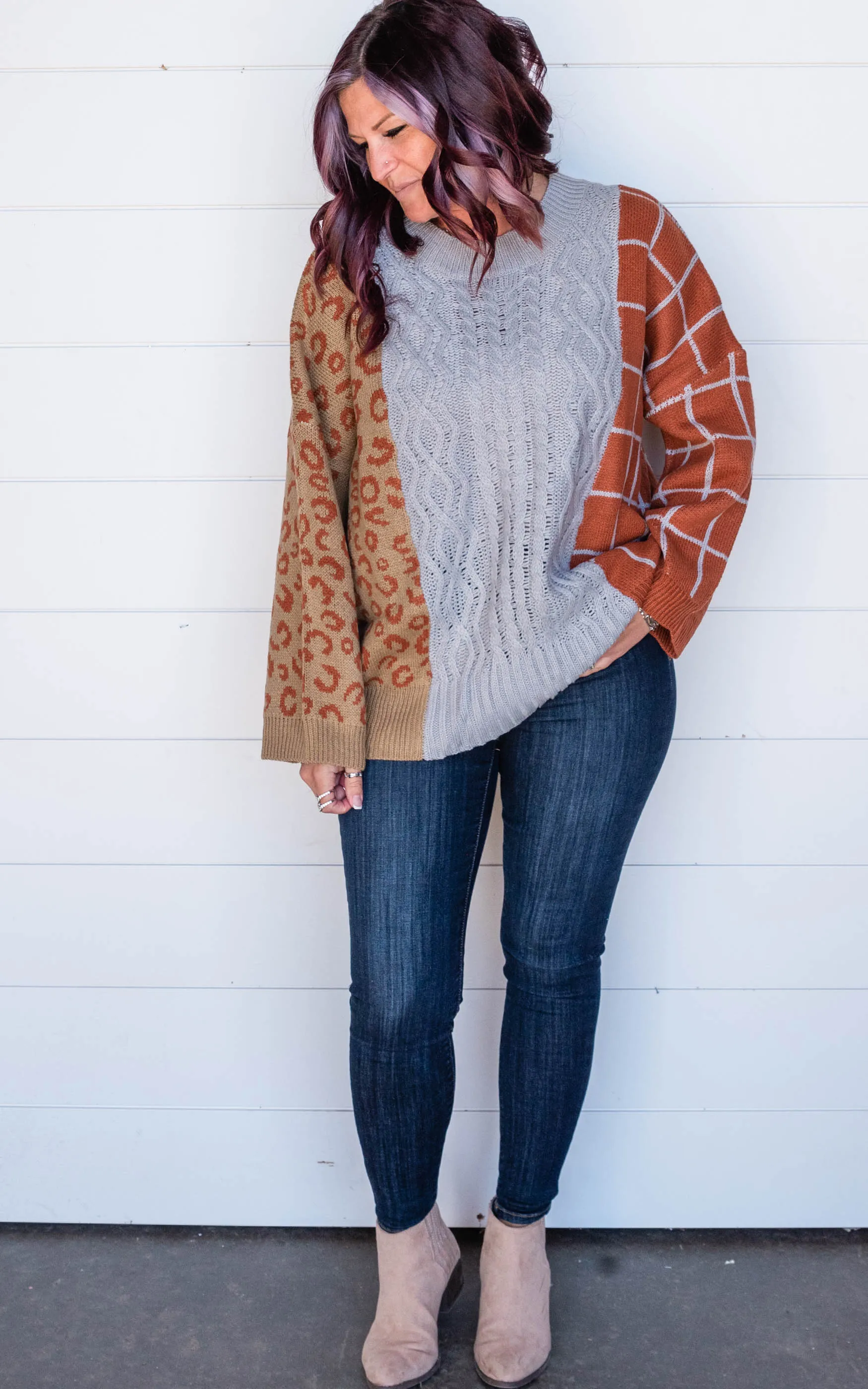 Leopard Color Block Knit Sweater