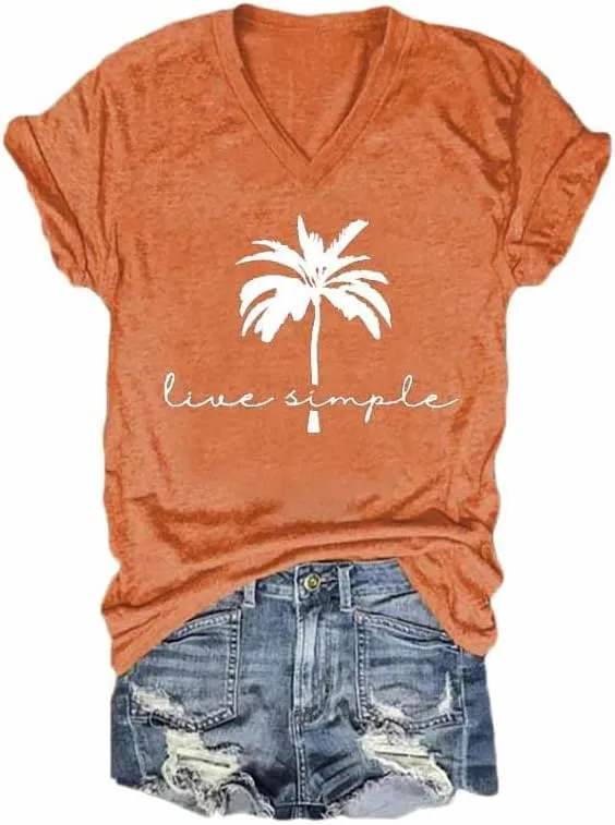 Live Simple Coconut Tree Vintage Graphic Women Vneck Casual Tee Shirts, 7X-Large