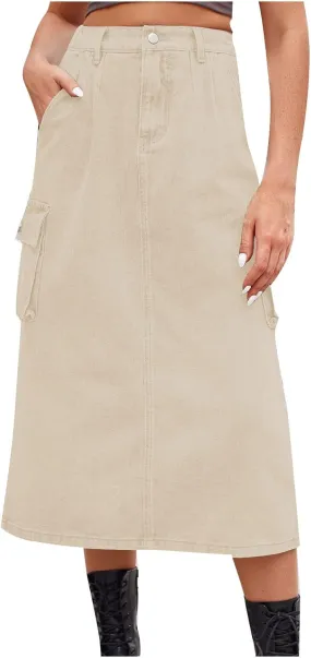 Long Jean Skirt for Women Cowgirl Y2K Cargo Skirt High Waisted Pencil Skirt Casual A-Line Midi Skirt with Pockets