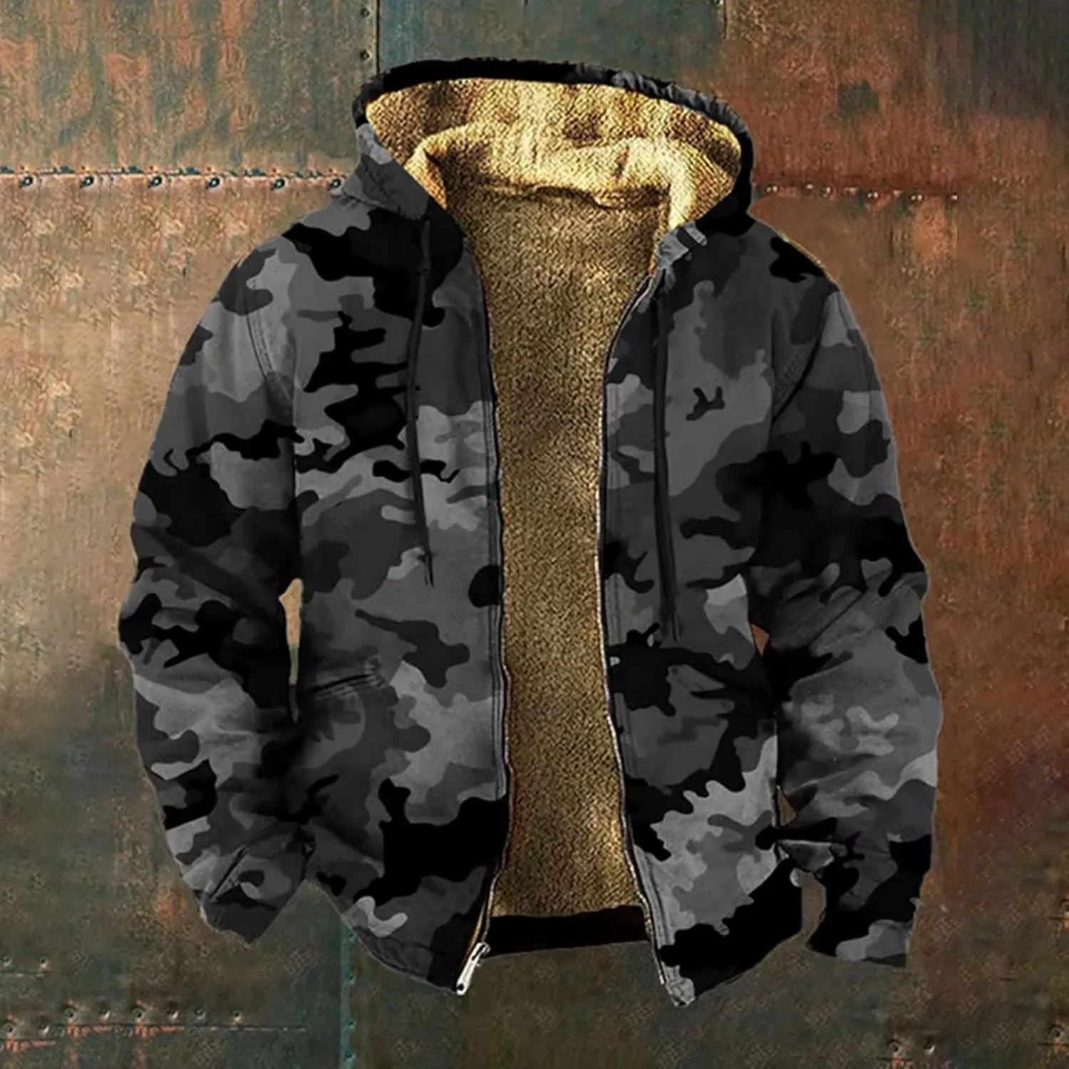 Mens Fleece Jacket Camo Winter Coat Zip Up Hooded Jacket Heavyweight Sherpa Lined Hoodie Outdoor Warm Soft Coat Pocket