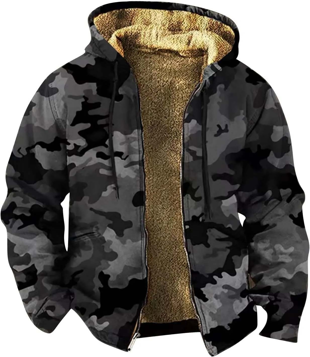 Mens Fleece Jacket Camo Winter Coat Zip Up Hooded Jacket Heavyweight Sherpa Lined Hoodie Outdoor Warm Soft Coat Pocket