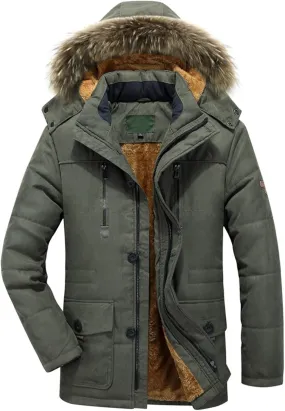 Mens Heavyweight Hooded Parka Jacket Big and Tall Full Zip Warm Military Jacket Fleece Lined Cotton Jacket Warm Coat
