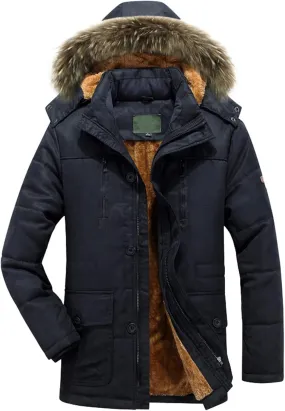 Mens Heavyweight Hooded Parka Jacket Big and Tall Full Zip Warm Military Jacket Fleece Lined Cotton Jacket Warm Coat