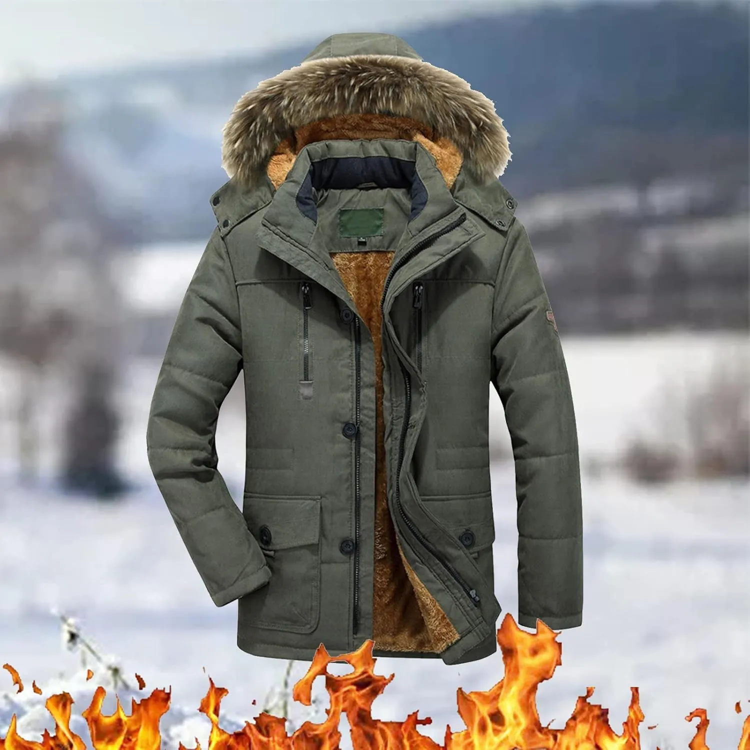 Mens Heavyweight Hooded Parka Jacket Big and Tall Full Zip Warm Military Jacket Fleece Lined Cotton Jacket Warm Coat
