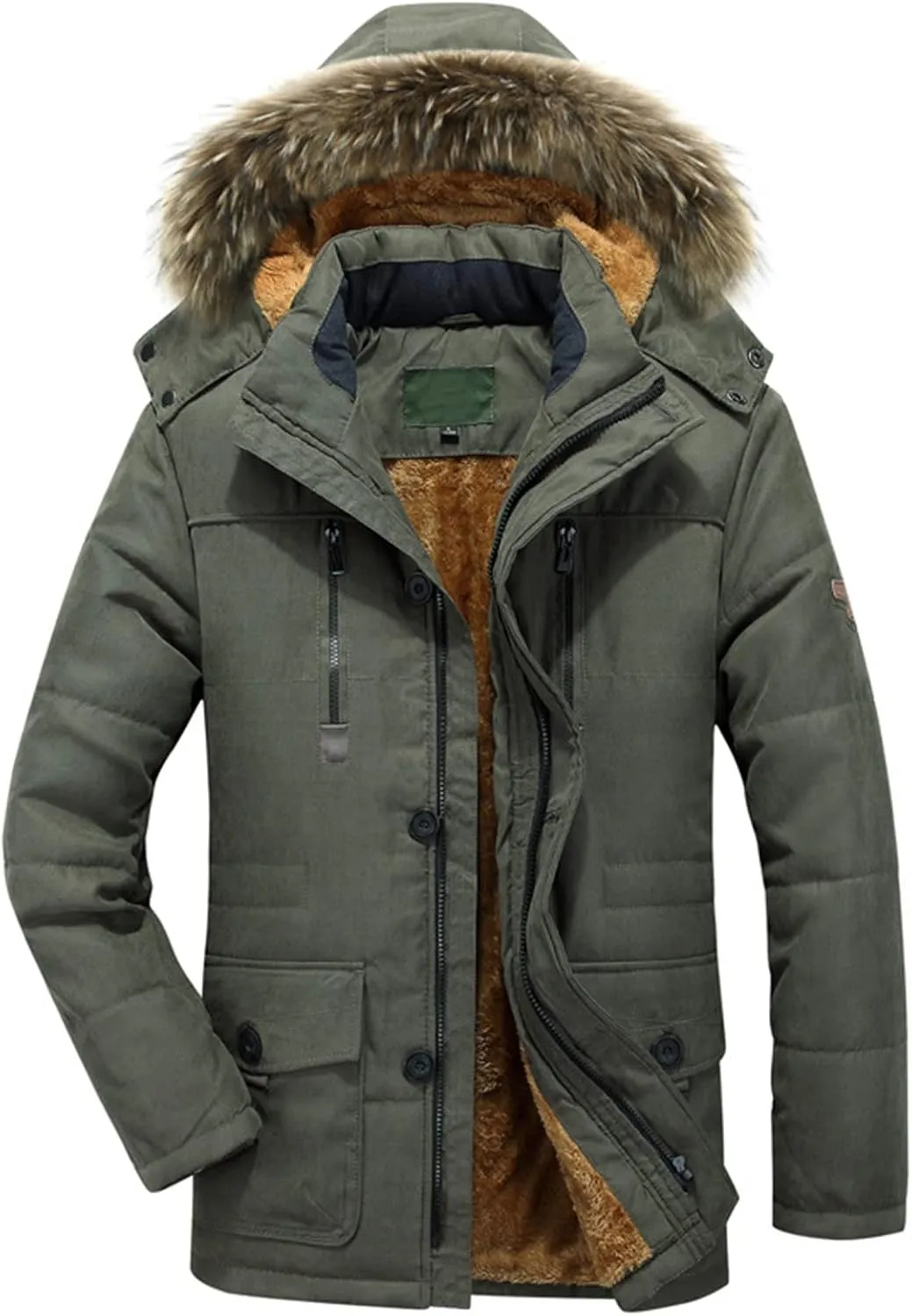 Mens Heavyweight Hooded Parka Jacket Big and Tall Full Zip Warm Military Jacket Fleece Lined Cotton Jacket Warm Coat