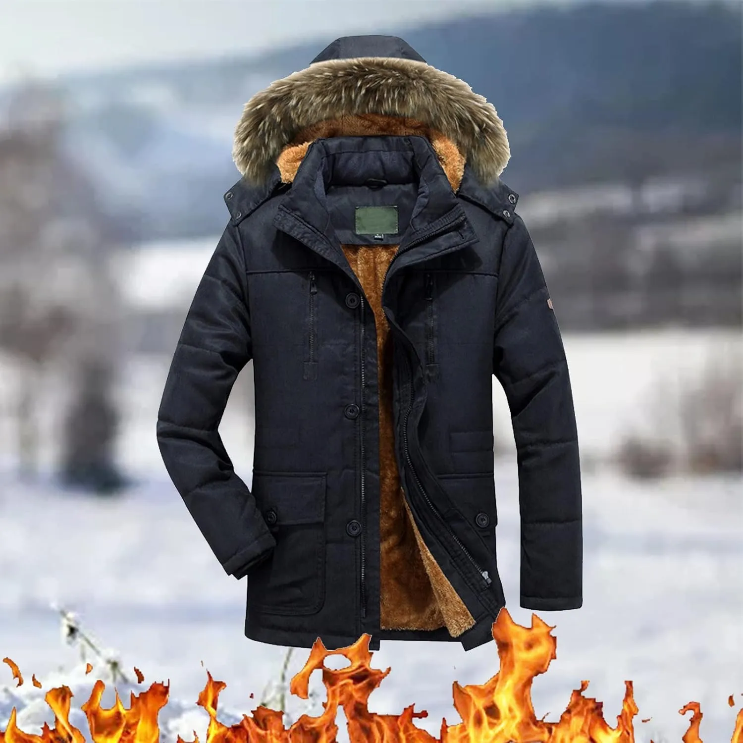 Mens Heavyweight Hooded Parka Jacket Big and Tall Full Zip Warm Military Jacket Fleece Lined Cotton Jacket Warm Coat