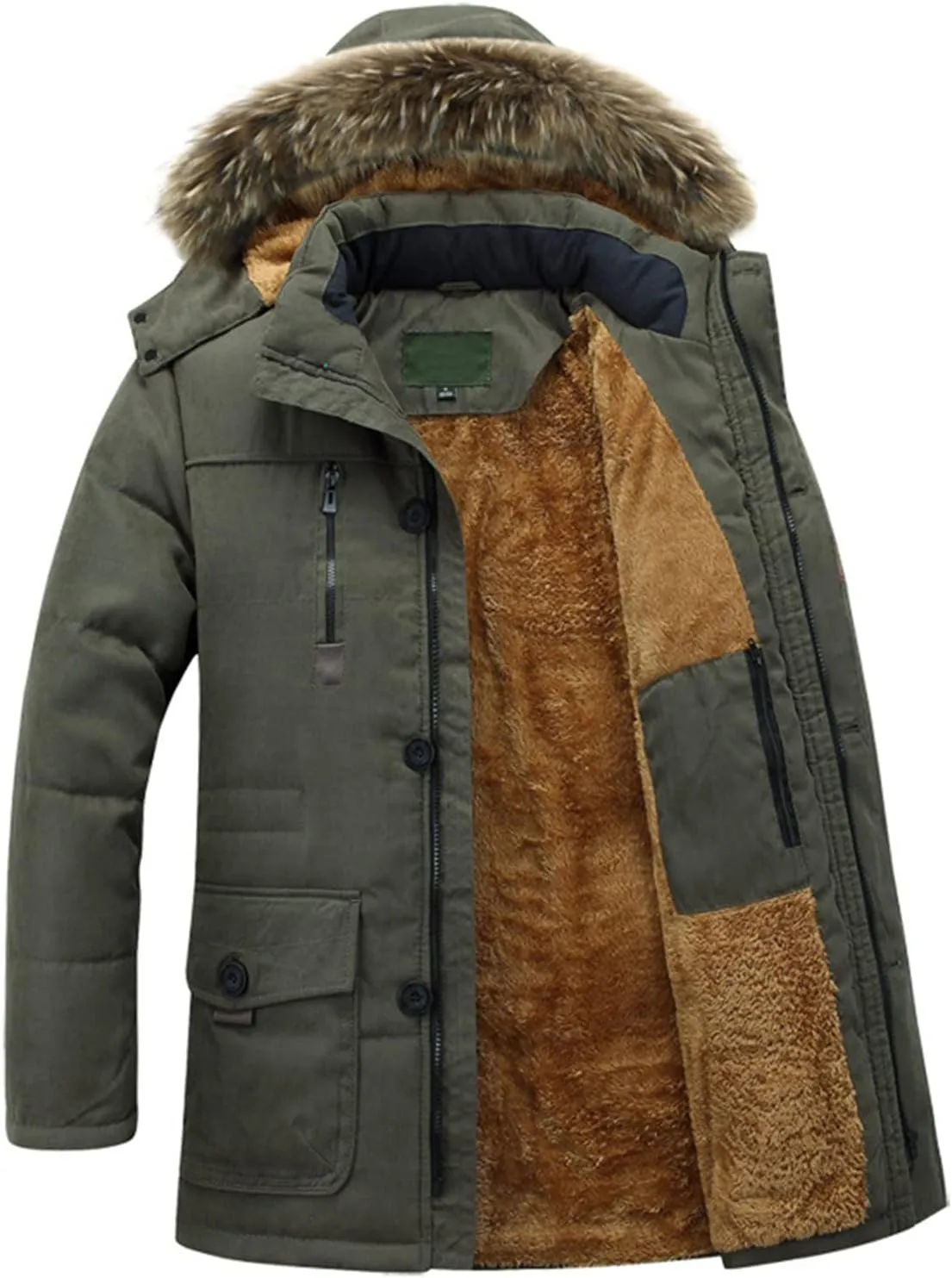Mens Heavyweight Hooded Parka Jacket Big and Tall Full Zip Warm Military Jacket Fleece Lined Cotton Jacket Warm Coat