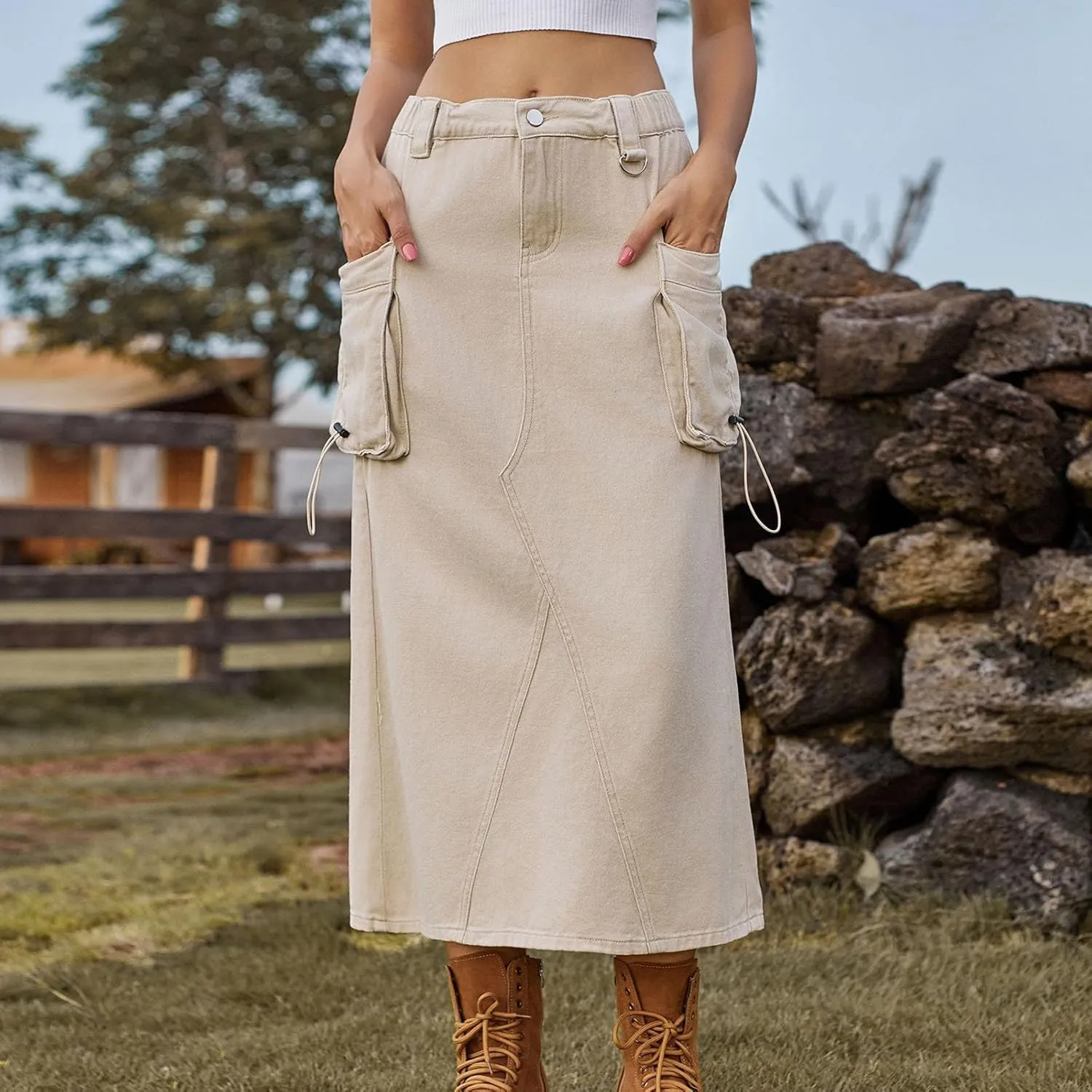 Midi Cargo Skirts for Women Casual High Waist Stretch Button Denim Skirts Trendy Pencil Skirt with Multi Pockets