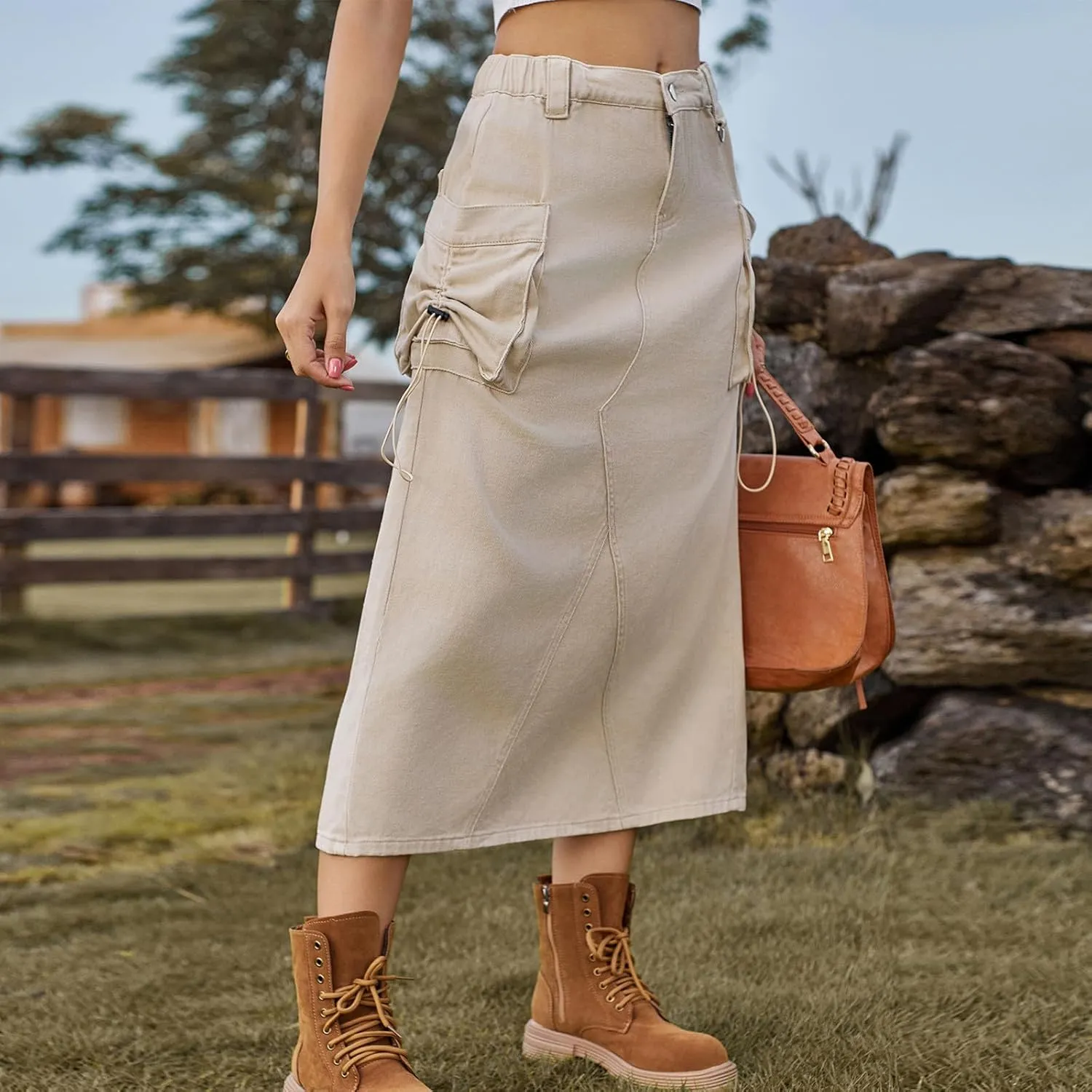 Midi Cargo Skirts for Women Casual High Waist Stretch Button Denim Skirts Trendy Pencil Skirt with Multi Pockets