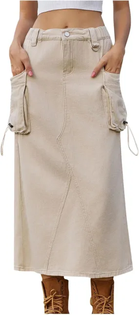 Midi Cargo Skirts for Women Casual High Waist Stretch Button Denim Skirts Trendy Pencil Skirt with Multi Pockets