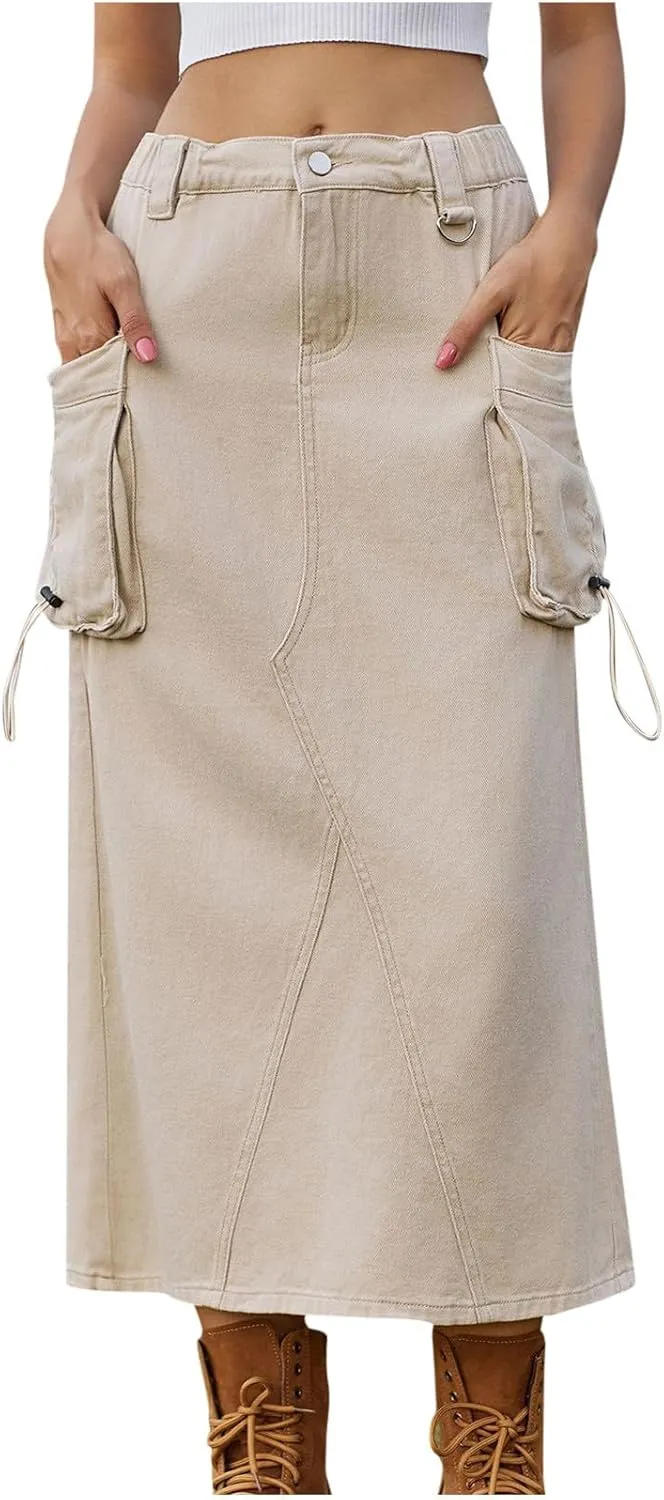 Midi Cargo Skirts for Women Casual High Waist Stretch Button Denim Skirts Trendy Pencil Skirt with Multi Pockets