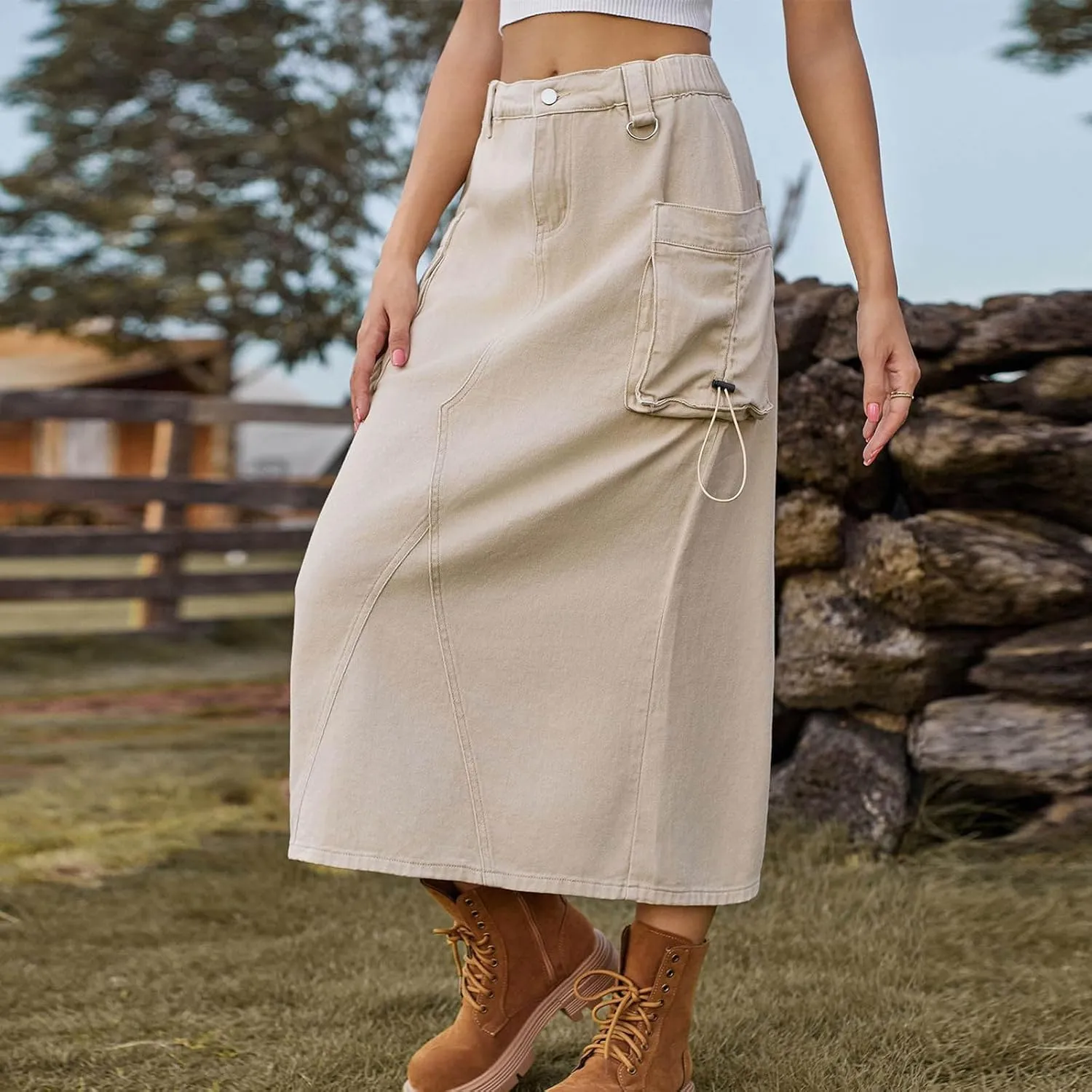 Midi Cargo Skirts for Women Casual High Waist Stretch Button Denim Skirts Trendy Pencil Skirt with Multi Pockets
