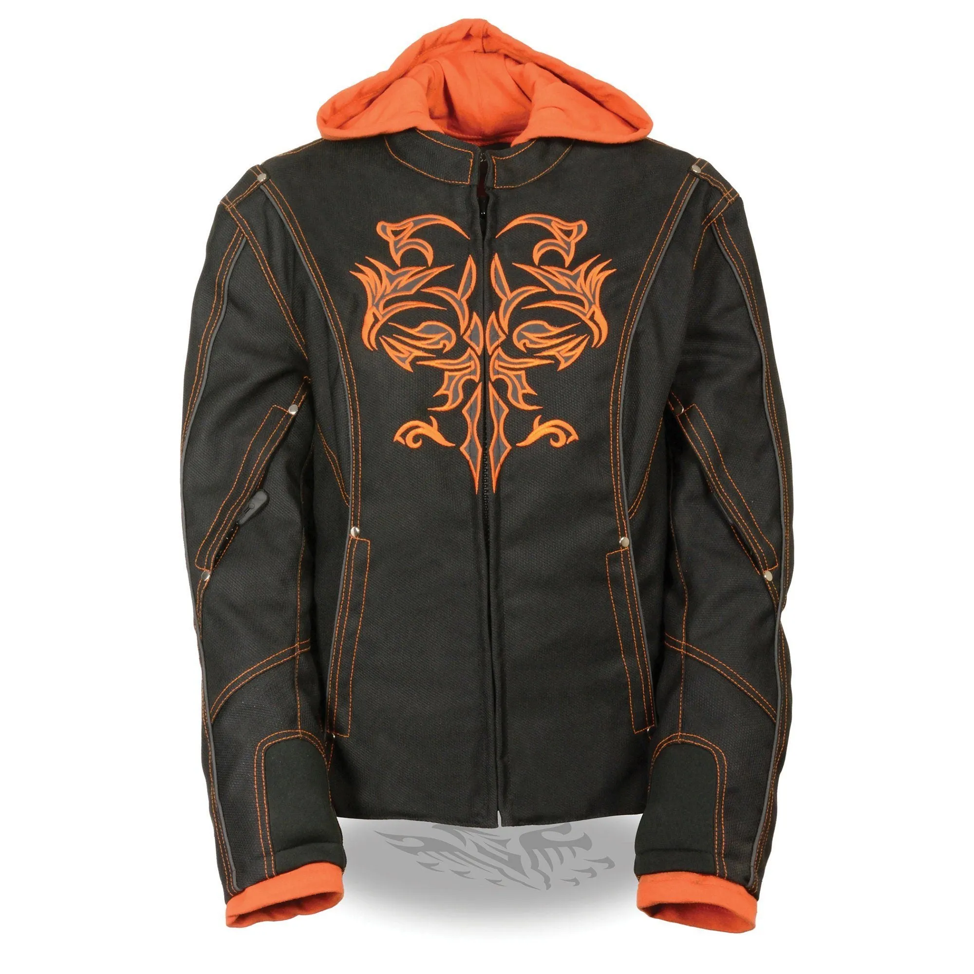 Milwaukee Performance Textile-SH1939-Ladies Black and Orange 3/4 Textile Jacket with Reflective Tribal Detail