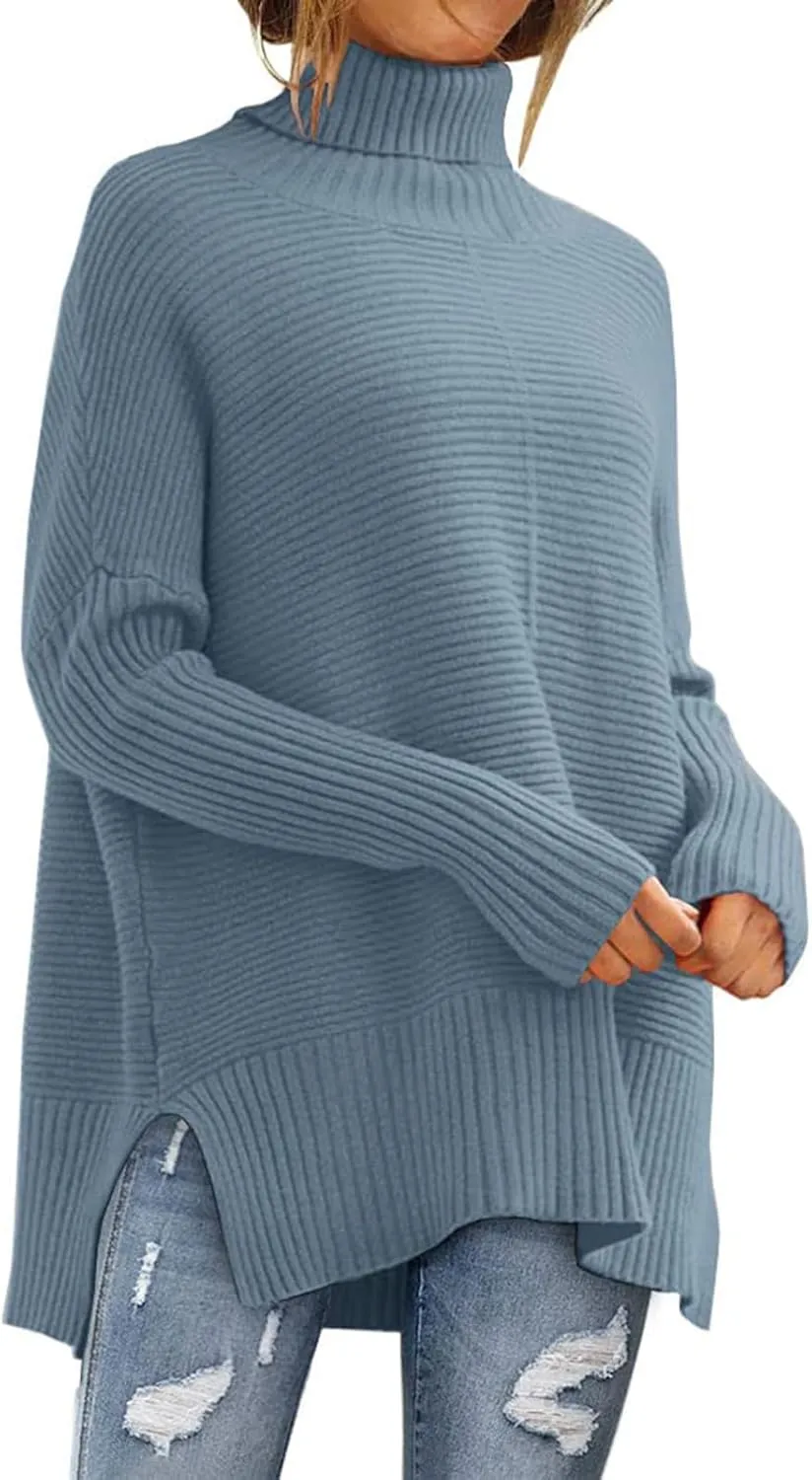 Oversized Turtleneck Sweaters for Women Batwing Long Sleeve Split Hem Pullover Sweater Cozy Baggy Ribbed Knit Jumper