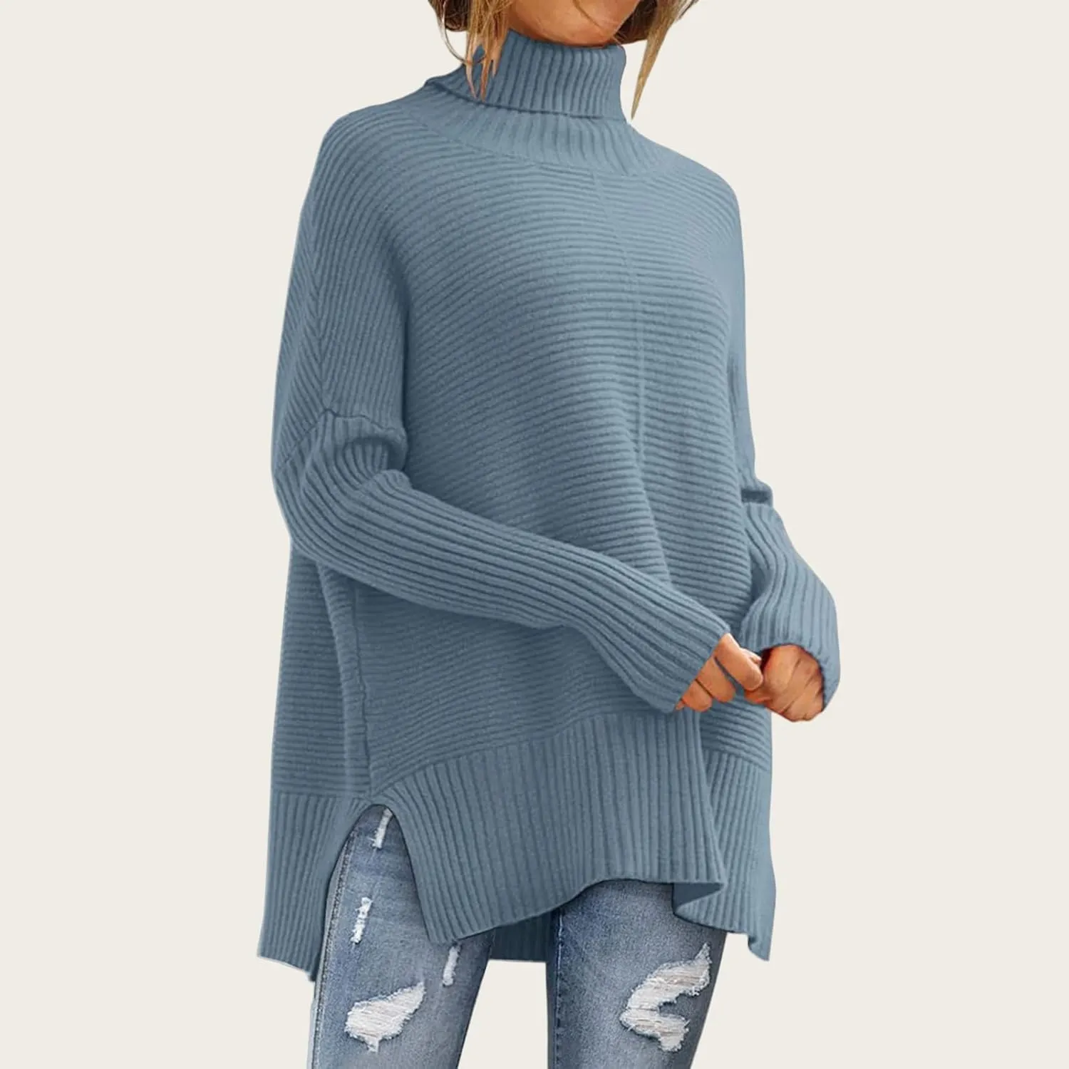 Oversized Turtleneck Sweaters for Women Batwing Long Sleeve Split Hem Pullover Sweater Cozy Baggy Ribbed Knit Jumper