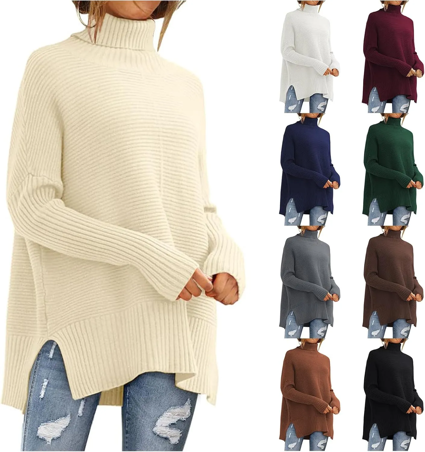 Oversized Turtleneck Sweaters for Women Batwing Long Sleeve Split Hem Pullover Sweater Cozy Baggy Ribbed Knit Jumper