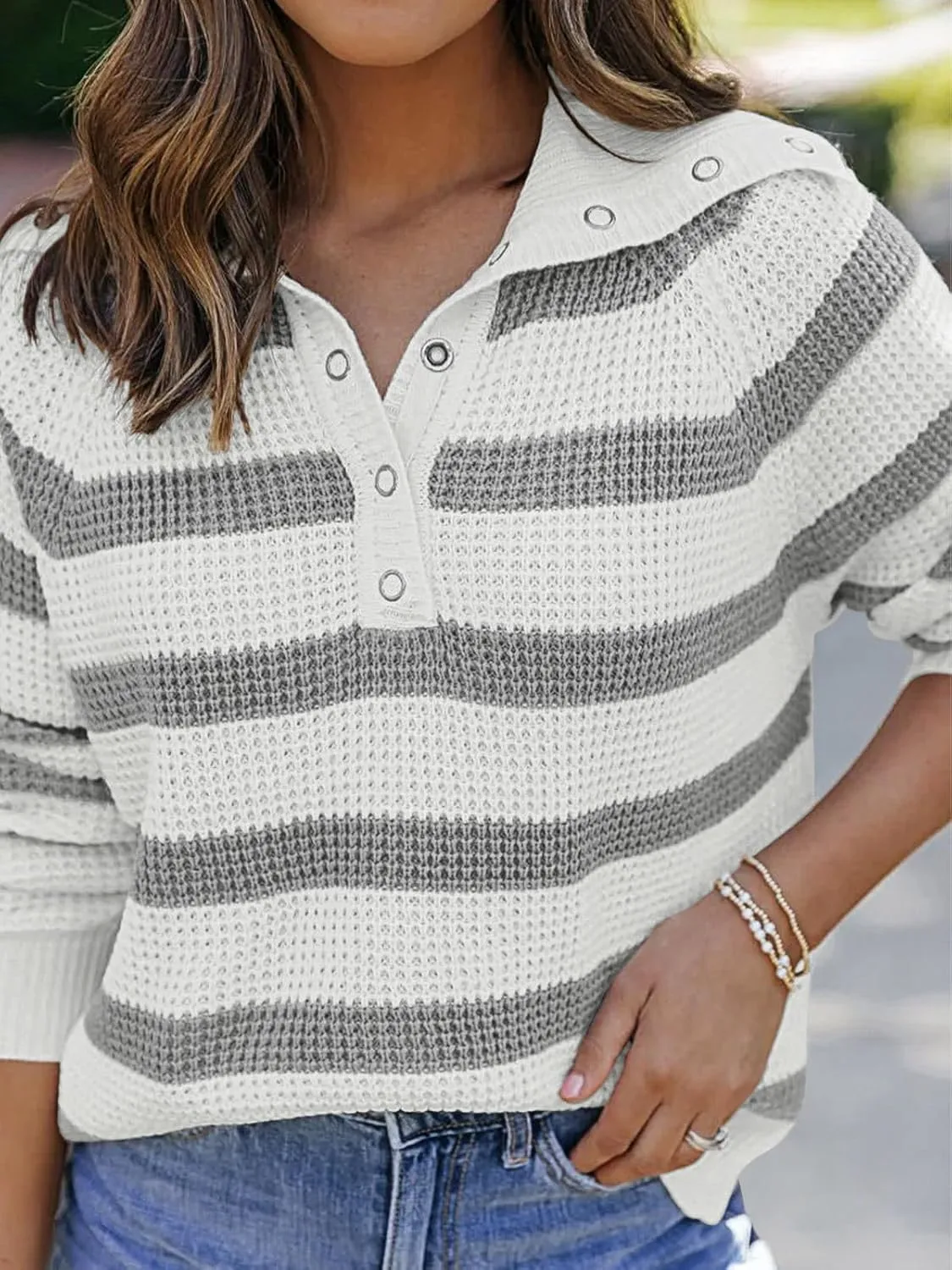 PINKMSTYLE Womens Striped Sweaters Button Henley Neck Long Sleeve Knitted Oversized Pullover Tops Fashion Fall Shirts