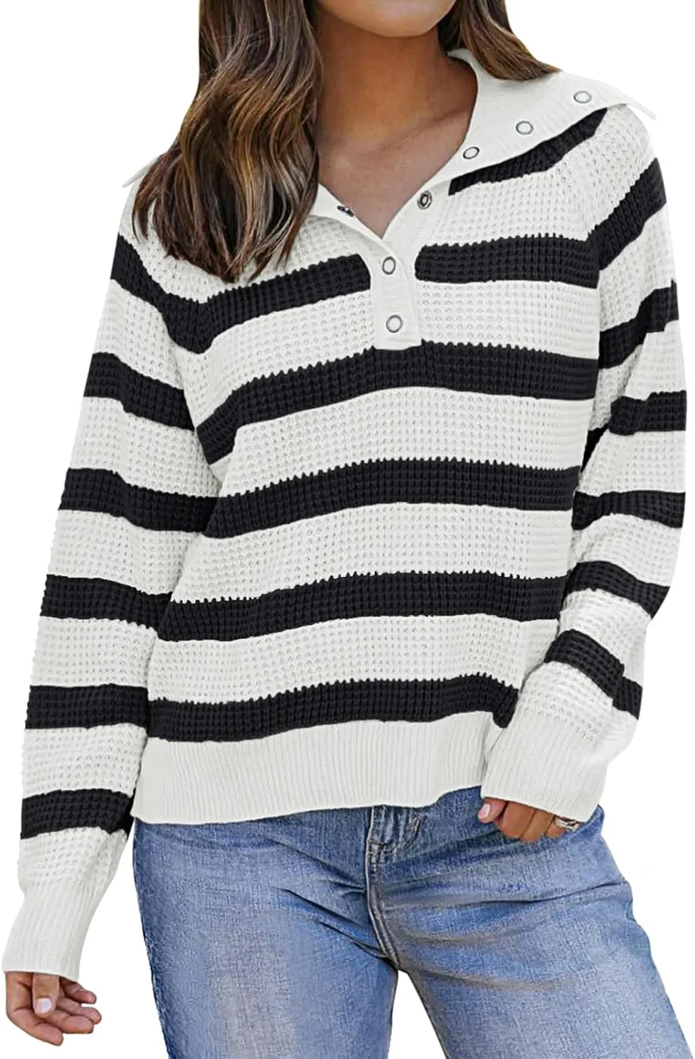 PINKMSTYLE Womens Striped Sweaters Button Henley Neck Long Sleeve Knitted Oversized Pullover Tops Fashion Fall Shirts
