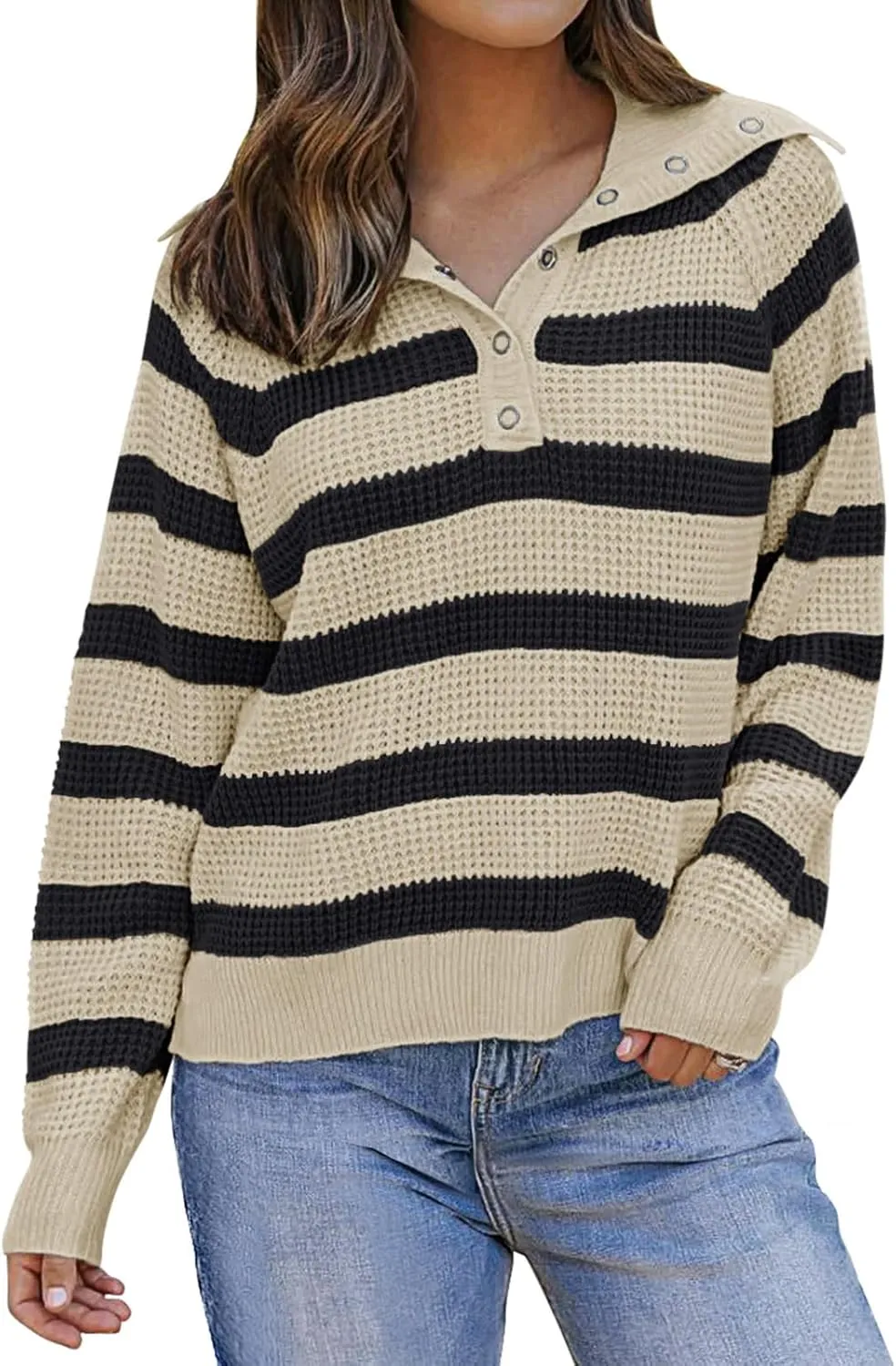 PINKMSTYLE Womens Striped Sweaters Button Henley Neck Long Sleeve Knitted Oversized Pullover Tops Fashion Fall Shirts