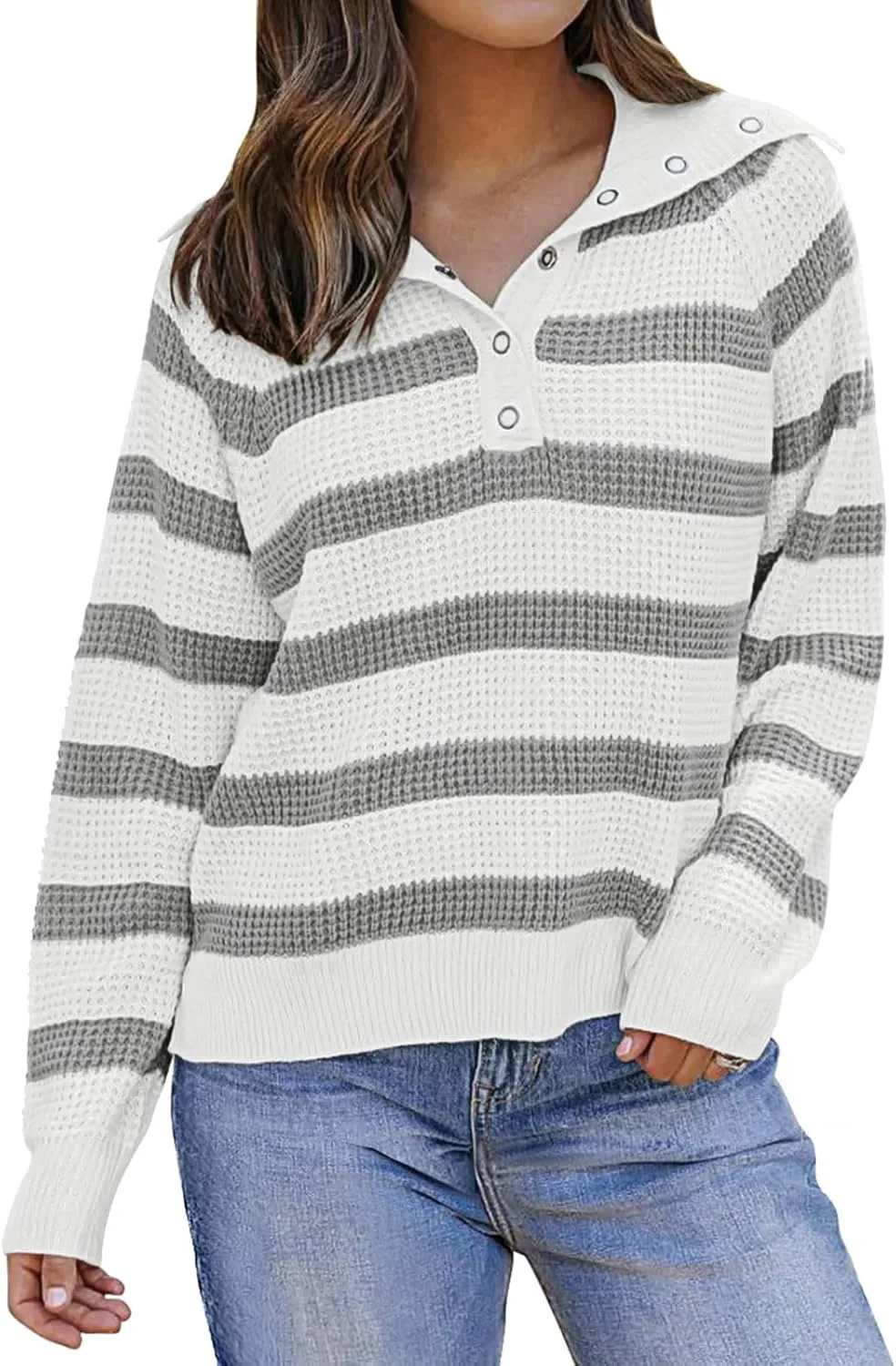 PINKMSTYLE Womens Striped Sweaters Button Henley Neck Long Sleeve Knitted Oversized Pullover Tops Fashion Fall Shirts
